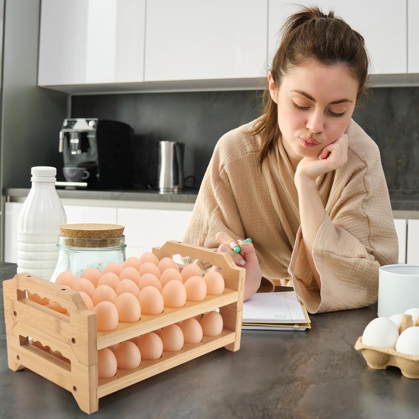 Egg Holder, 2 Tier Egg Holder Countertop, Bamboo Egg Organizer and Storage for Gathering 48 Fresh Eggs, Egg Stackable Stand Rack, Egg Basket for Kitchen Refrigerator Farmhouse