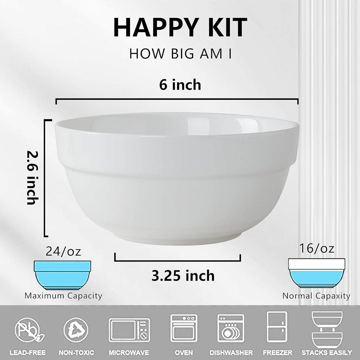 HAPPY KIT 6" Ceramic Soup Bowls, Cereal Bowls Set of 6, 24OZ White Bowls for Kitchen, Serving Bowls for Cereal Soup Rice Pasta Salad Oatmeal, Thick-edge Non-slip Design
