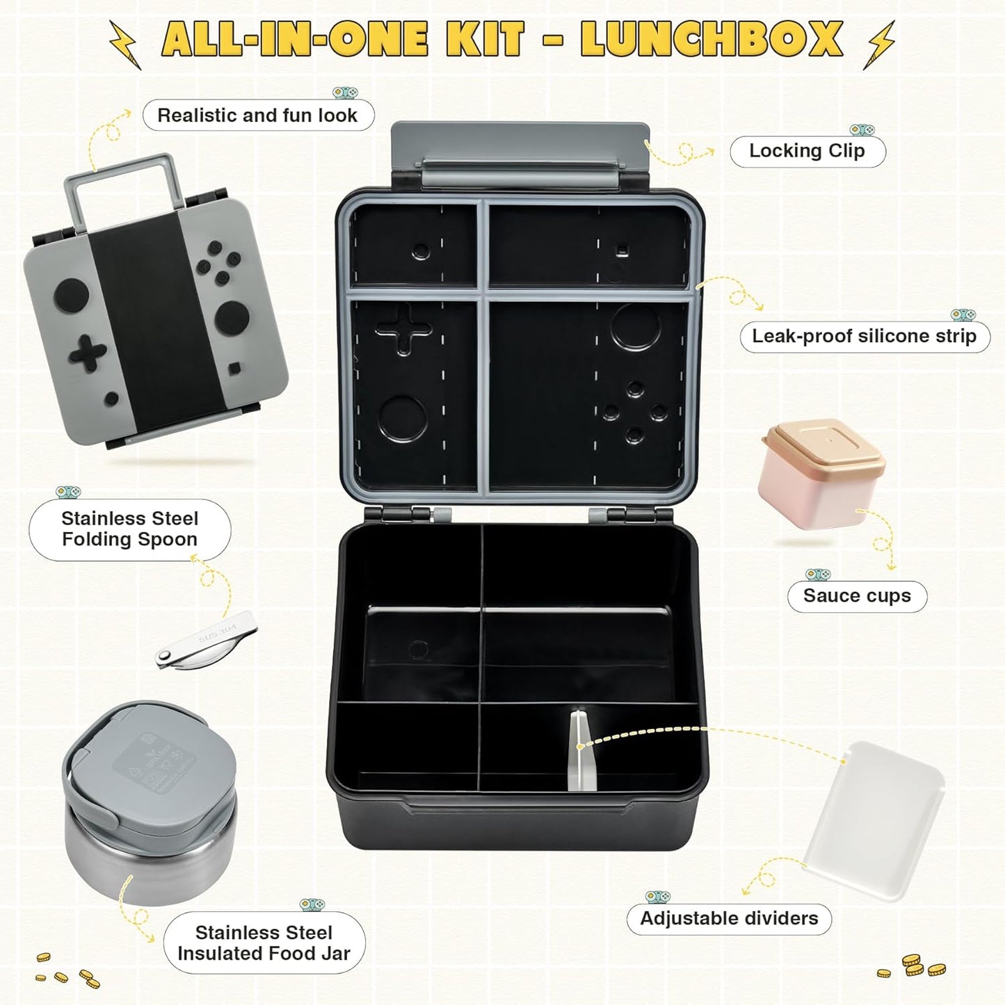 Game Bento Box for Kids, Lunch Box with Thermo(9oz Food Jar), Folding Spoon, Removable Divider & Sauce Cup, Lunch Box Kids for School,Travel, BPA-Free & Realistic Shape(Grey)