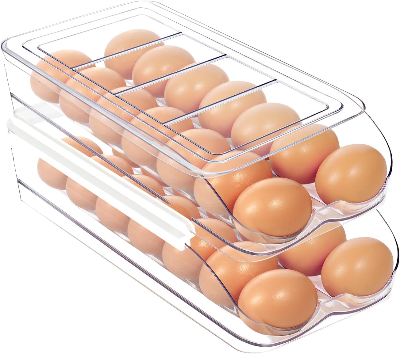 Egg Holder for Fridge, Automatic Rolling Egg Organizer for Refrigerator, Clear Plastic Egg Container & Tray, Stackable Dispenser and Storage Bin with Sturdy Lid to Saving Space -2 Layer