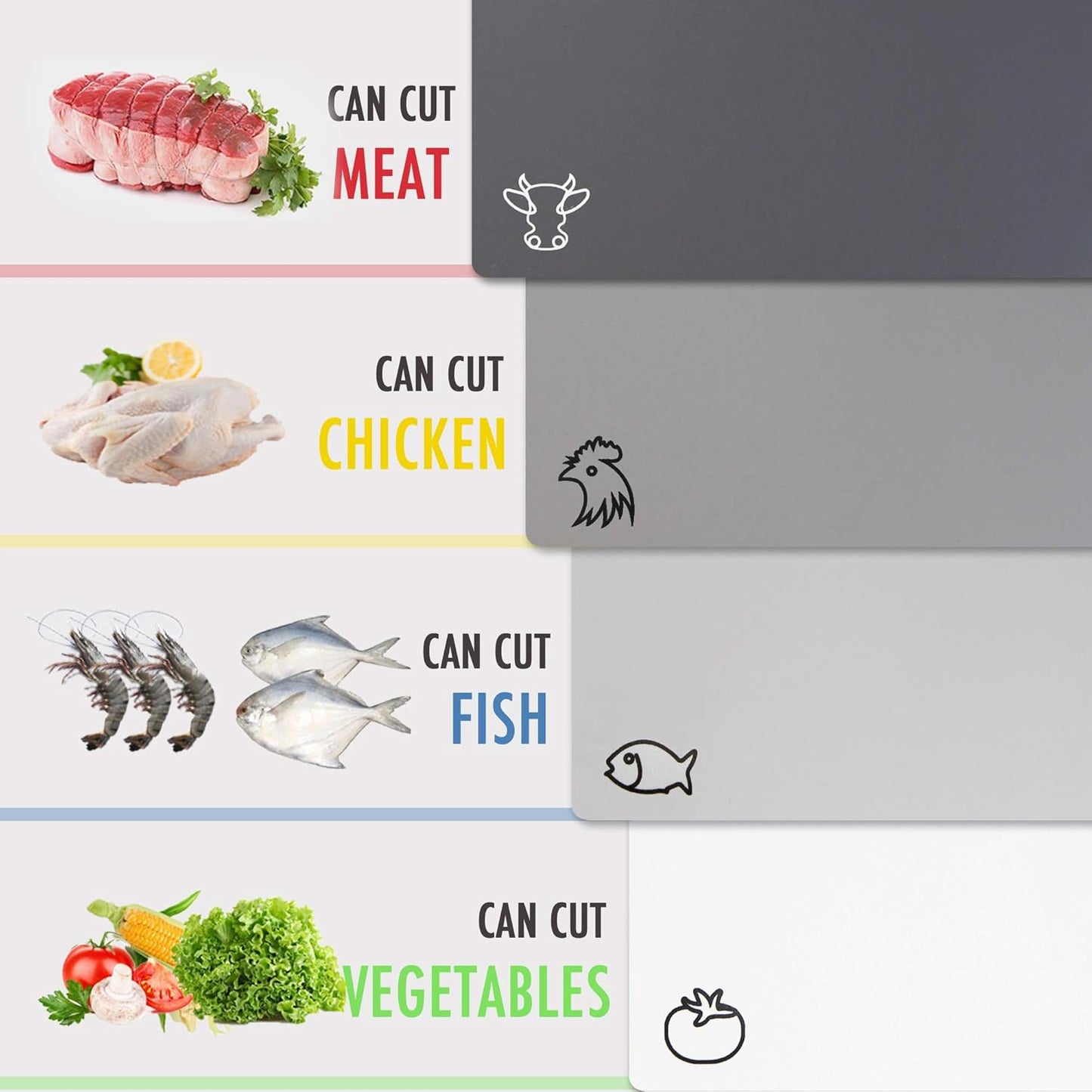 Fotouzy Flexible Plastic Cutting Board Mats with Food Icons, BPA-Free, Non-Porous, 100% Non-slip Back and Dishwasher Safe, Unique Modern Neutral Colors, Set of 4