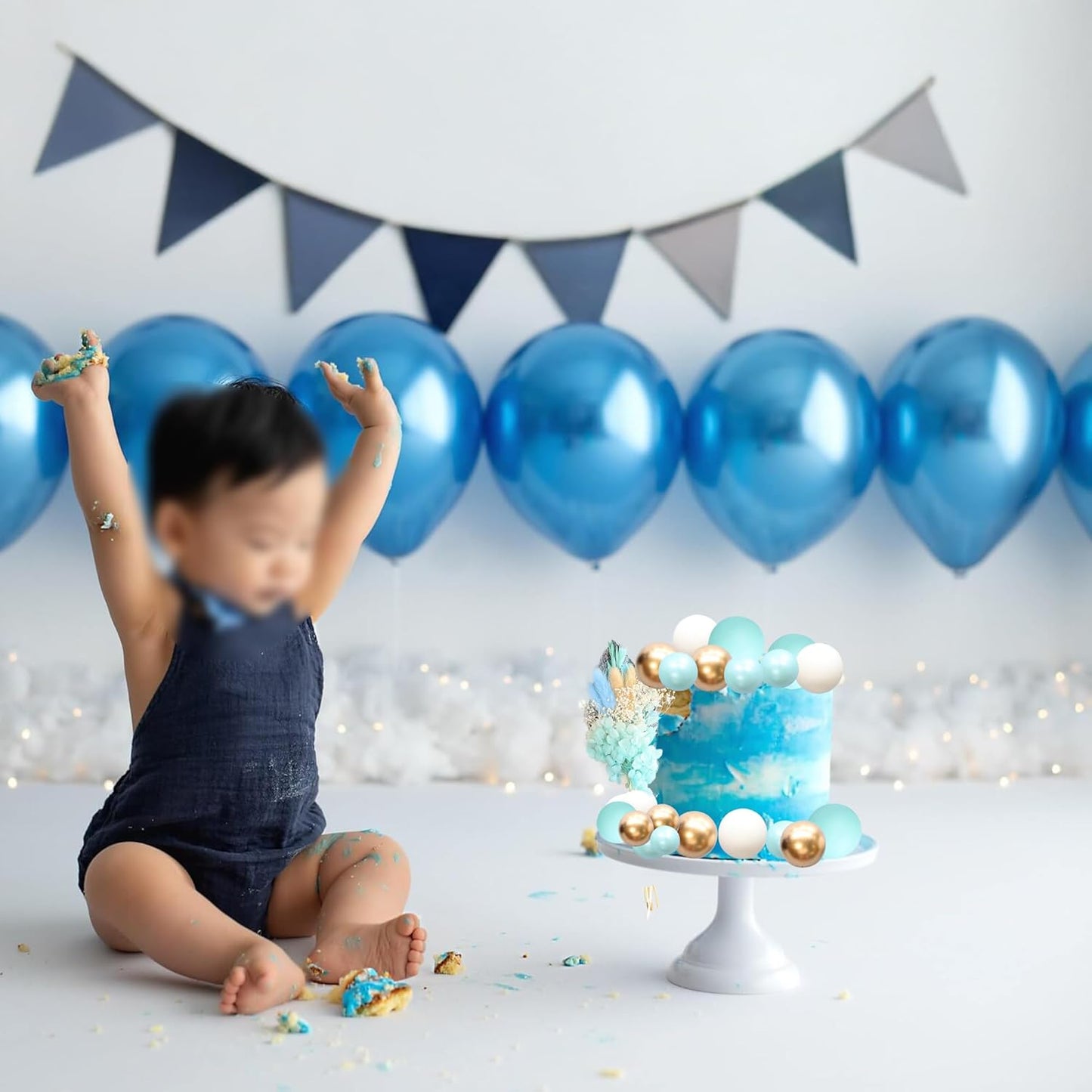 Gyufise 21 Pack Flower Boho Cake Topper Ball Cake Decorations Palm Leaves Plants Cake Decor for Girl Bohemian Princess Theme Wedding Baby Shower Birthday Party Supplies Blue