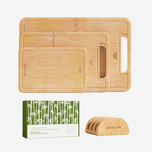 Healthy and Non Toxic & Totally Organic Bamboo Cutting Board Set,3 pack, No Glue & Plastic Free, Juice Groove, Non-solid Wood Cutting Board with hands for Kitchen for Meat, Vegetables and Fruits