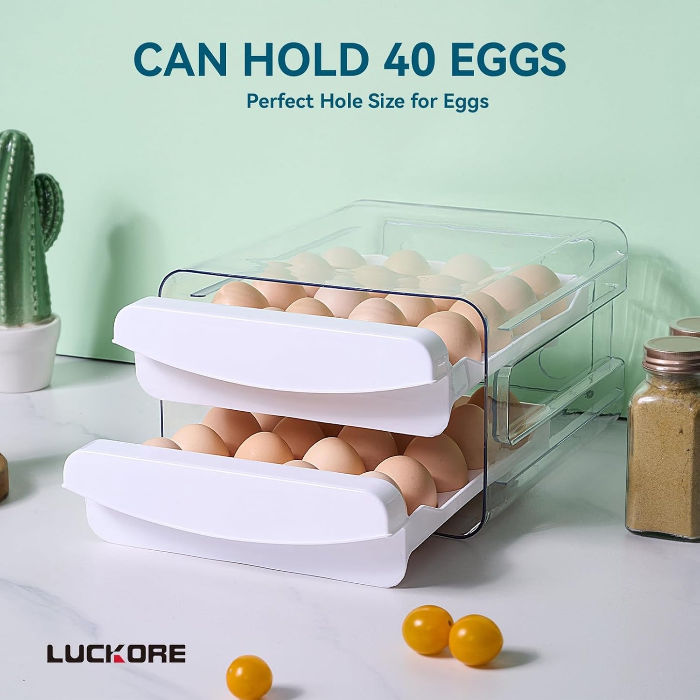 Egg Container Holders Dispenser for Refrigerator 40 Eggs, 2 Tier Clear Stackable Holder Tray with Drawer for Fridge, Storage Container with Handles for Refrigerator, Countertop