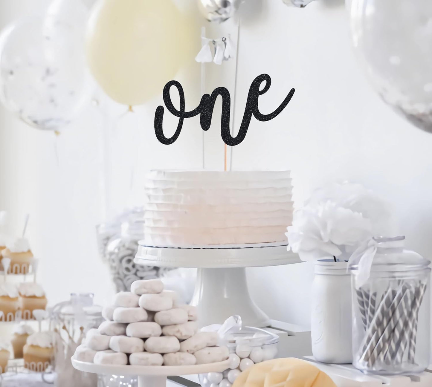 First Birthday Cake Topper - Black Glitter One Cake Decorating Supplies for Girls and Boys, Perfect for Baby Shower/Gender Revealing Party/Baby Party Photo Booth Props
