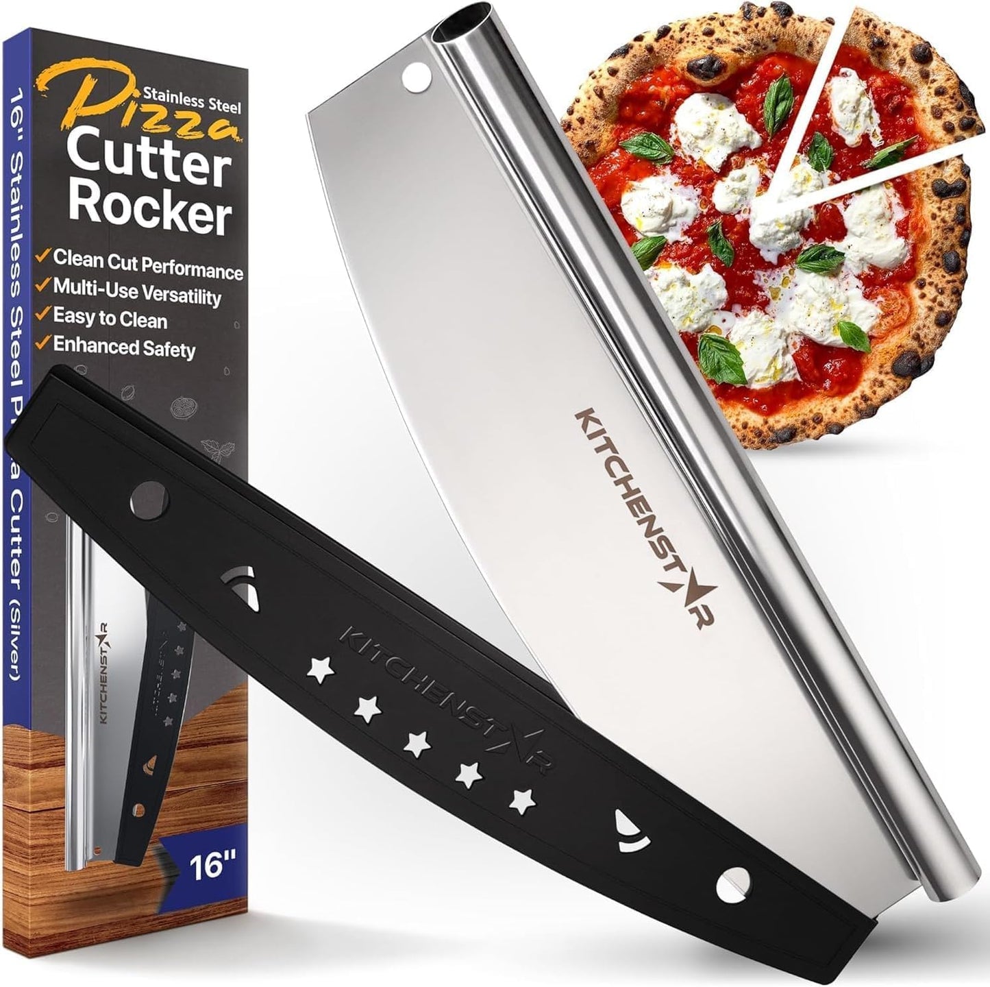 KitchenStar 16-Inch Pizza Cutter Rocker Blade - Sharp Stainless Steel Slicer Knife, Protective Cover, Dishwasher Safe, Large - Professional Pizza Oven Accessories