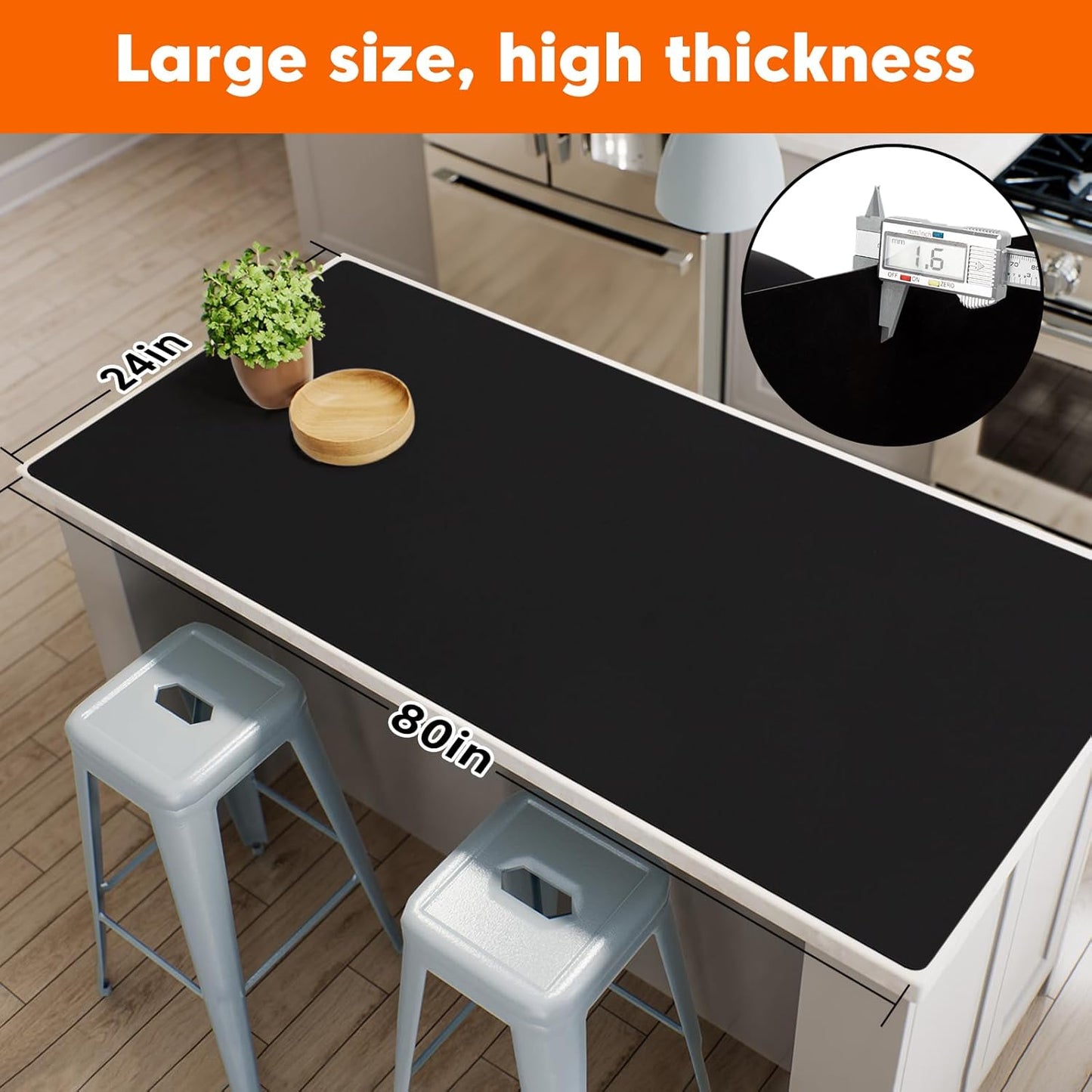 Extra Large Silicone Mats for Kitchen Counter, Dining Table Top Protector, Workbench Countertop Protector, Skin-Friendly Surface Heat Resistant Mat, Freely Cuttable(Black, 24" x 80" x 1.6mm)