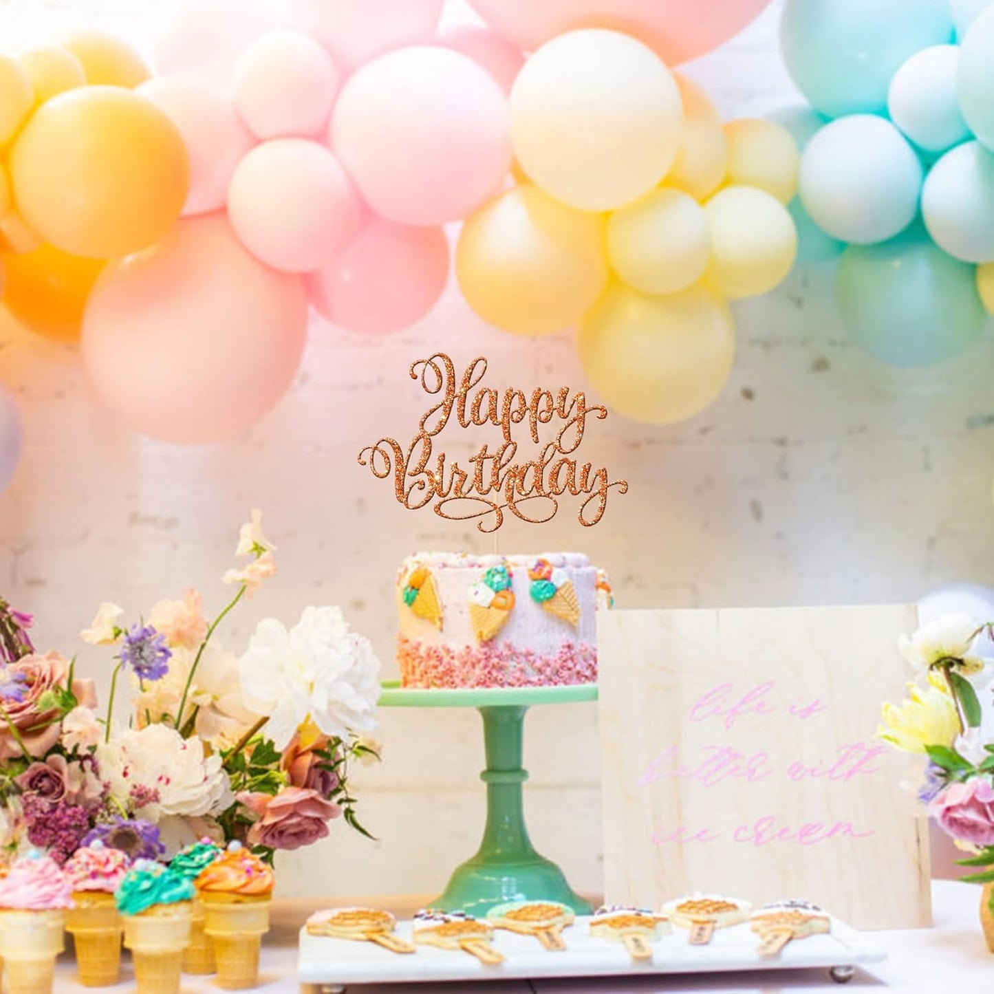 1 PCS Happy Birthday Cake Topper Glitter Happy Birthday Cake Pick Bunting Decor for Anniversary Celebrating Happy Birthday Party Cake Decorations Supplies Orange