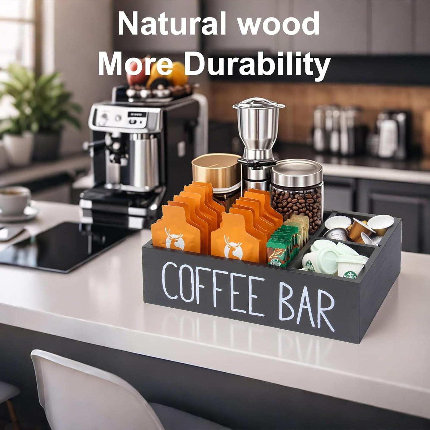 Coffee Station Organizer with Removable Dividers Disposable Cup Holder Wooden Countertop Organizer for Tea Condiment Accessories Storage Farmhouse Bar Decor Black (Black)