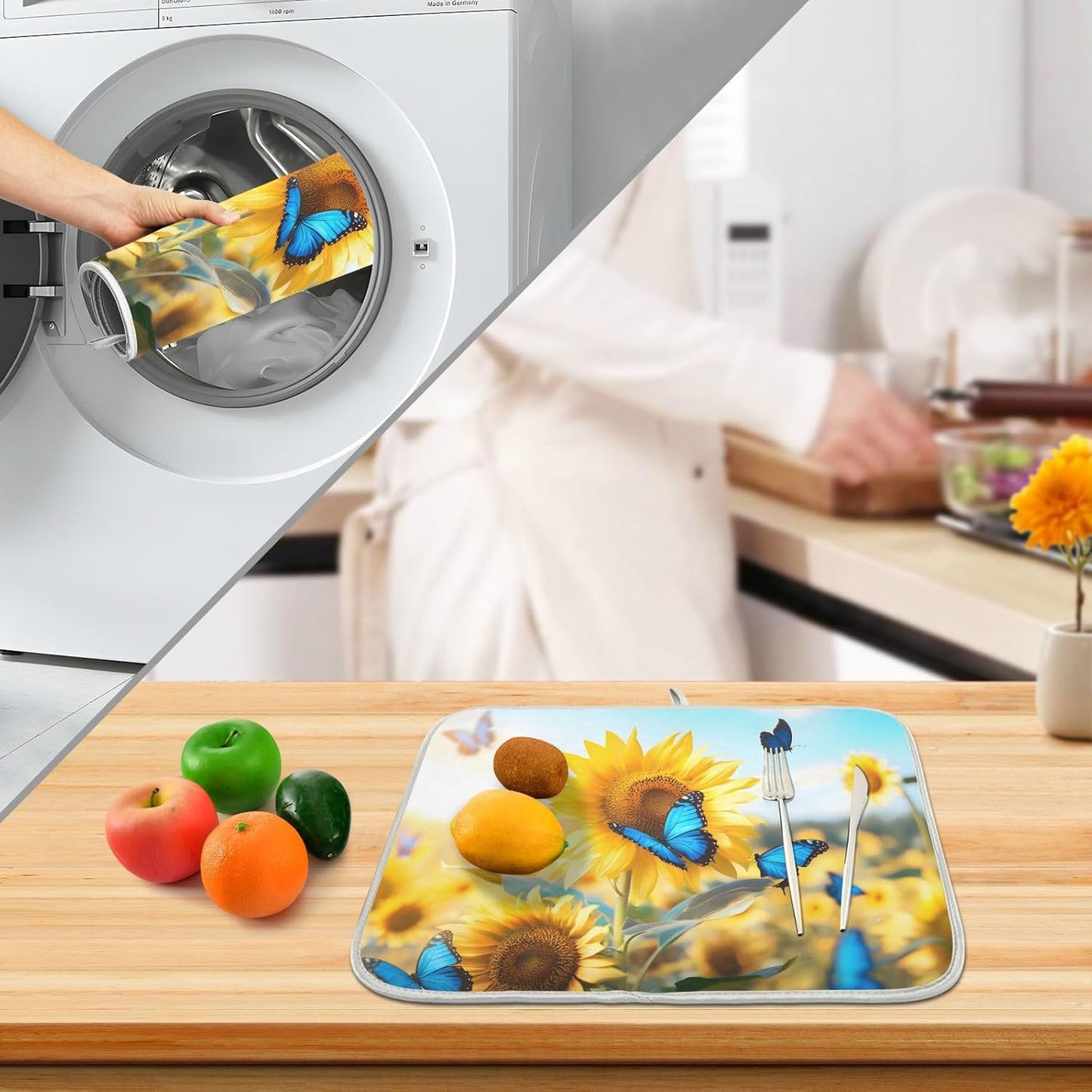 Blooming Sunflowers Blue Butterfly03 Dish Drying Mat for Kitchen Counter Absorbent Microfiber Large Drying Pad Dish mats for Kitchen Countertops 18 x 24 Inch