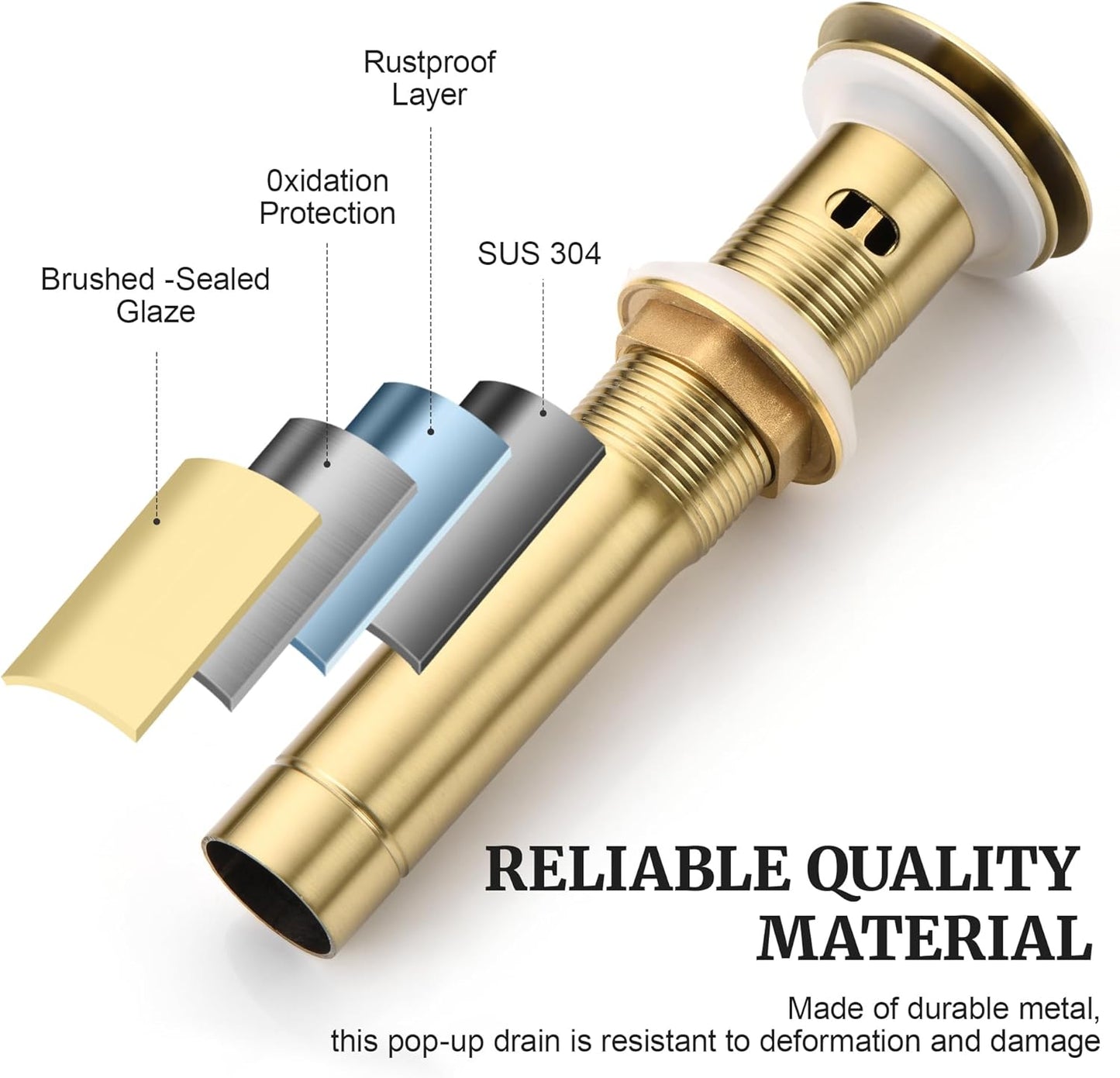 Pop up Sink Drain Stopper with Overflow Brushed Gold for Bathroom Vessel Vanity Sink Art Basin, Big Cap Sink Drain with Overflow, Metal Pop-up Drain Strainer with Detachable Basket Stopper