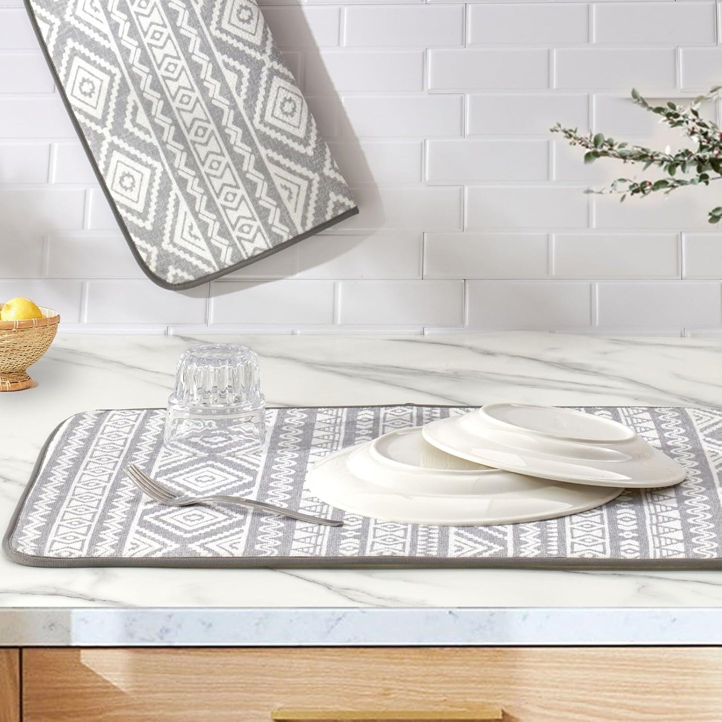 FRESHMINT Printed Dish Drying Mats for Kitchen Counter 2 Pack Absorbent Reversible Drying Mats Microfiber Kitchen Countertop Protector Dishes Drying Pad Extra Large 18"x24" Dish Mat