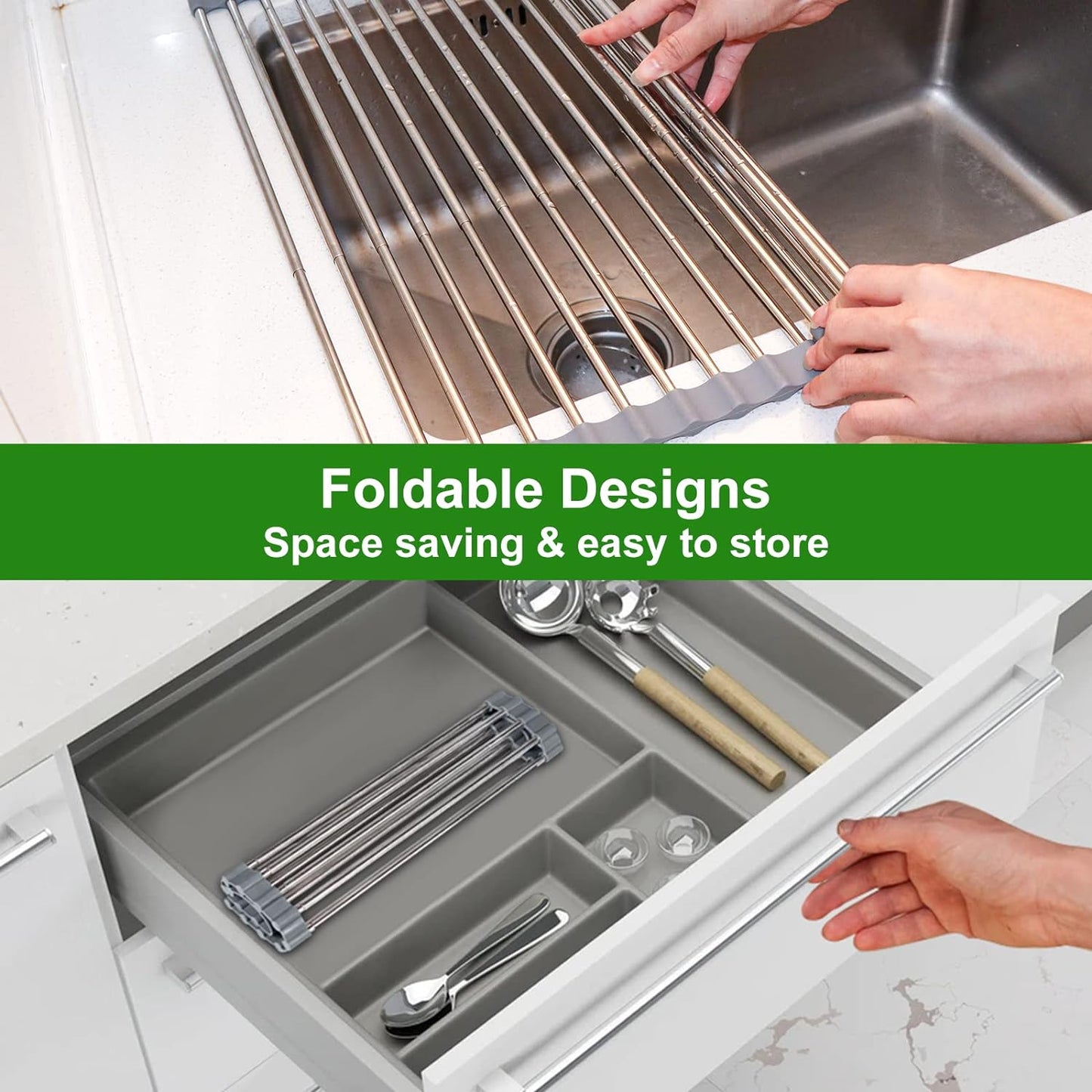 Expandable Roll Up Dish Drying Rack, 23.6"L x 15.7"W Large Stainless Steel Over The Sink Dish Drying Rack with Silicone Wrapped Anti-Slip Foldable Multipurpose Dish Drainers for Kitchen Sink