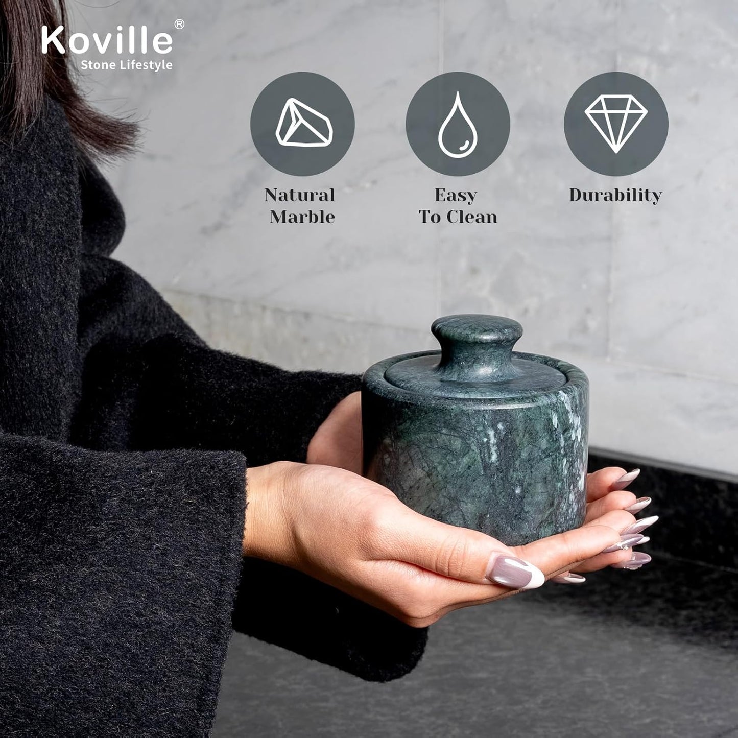 Koville Indian Green Marble Salt Cellar with Lid 3.5", Stone Pepper Container & Spice Jars for Kitchen, Marble Salt and Pepper Holder, Stone Storage Box for Kitchen Counter, Spice Jar
