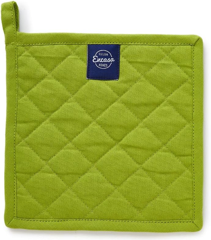 Encasa XO Heat Resistant Cotton Pot Holders with Hanging Loop - Set of 2 - Lime Green - Multipurpose Quilted Everyday Hot Pad for Kitchen, Camping, BBQ & Microwave - 8x8 in