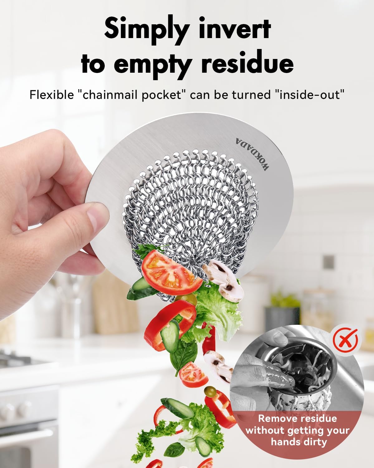 Kitchen Sink Drain Strainer with Stopper, Wokdada Revolutionary 304 Stainless Steel Screen Mesh Sink Strainer & Silicone Kitchen Sink Stopper, Easy Clean, Clog-Free Food Catcher for Garbage Disposal