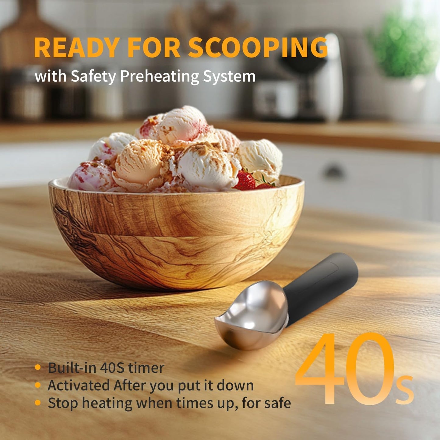 Heated Ice Cream Scoop, Electric Scooper for Hard IceCream, Self Warming Spoon Max to 158℉, Rechargeable Battery, Rust-Proof Metal, Easy to Clean(Black)