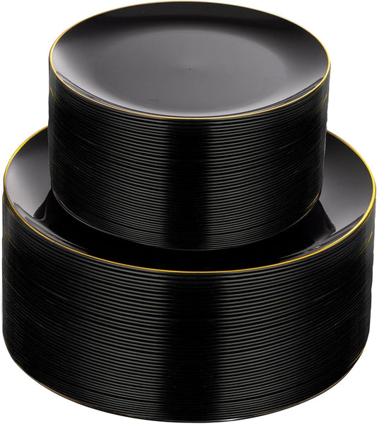KIRE 100PCS Black and Gold Plates - Black Plastic Plates Disposable with Gold Rim for Party/Wedding/Graduation Include 50Pcs 10.25inch for Dinner and 50Pcs 7.5inch for Dessert/Salad