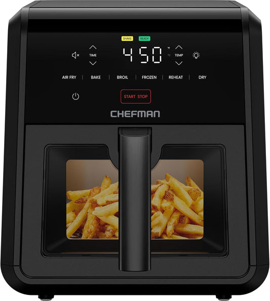Chefman Air Fryer TurboFry 7-Qt, 6-in-1 High-Powered 450°F Cooking for Crispier Results, Compact Space-Saving Design, Air Fry, Bake, Broil, Reheat, Dehydrate, Defrost, Fast & Even Cooking – Black