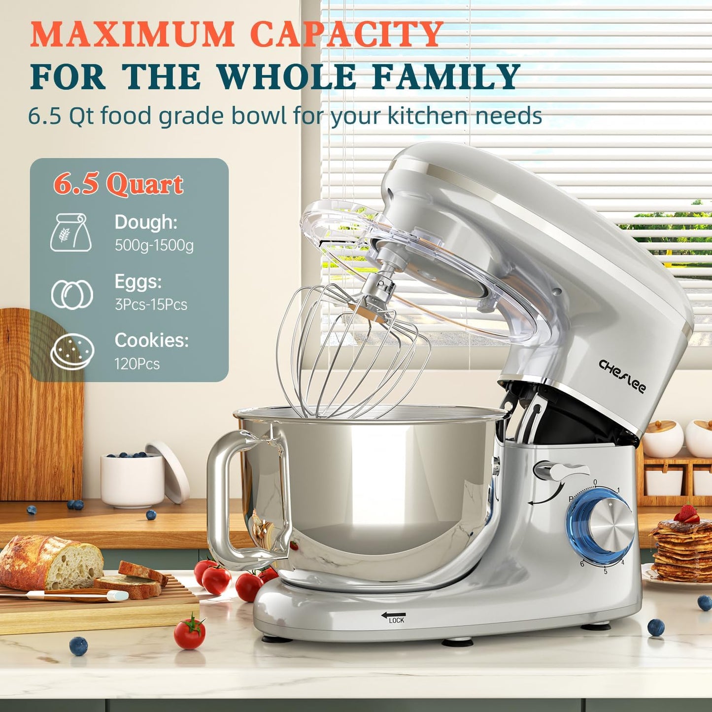 CHeflee Stand Mixer,600W 6+P With 6.5QT Stainless Steel Bowl,Dough Hook, Wire Whip & Beater,for Most Home Cooks,Silver