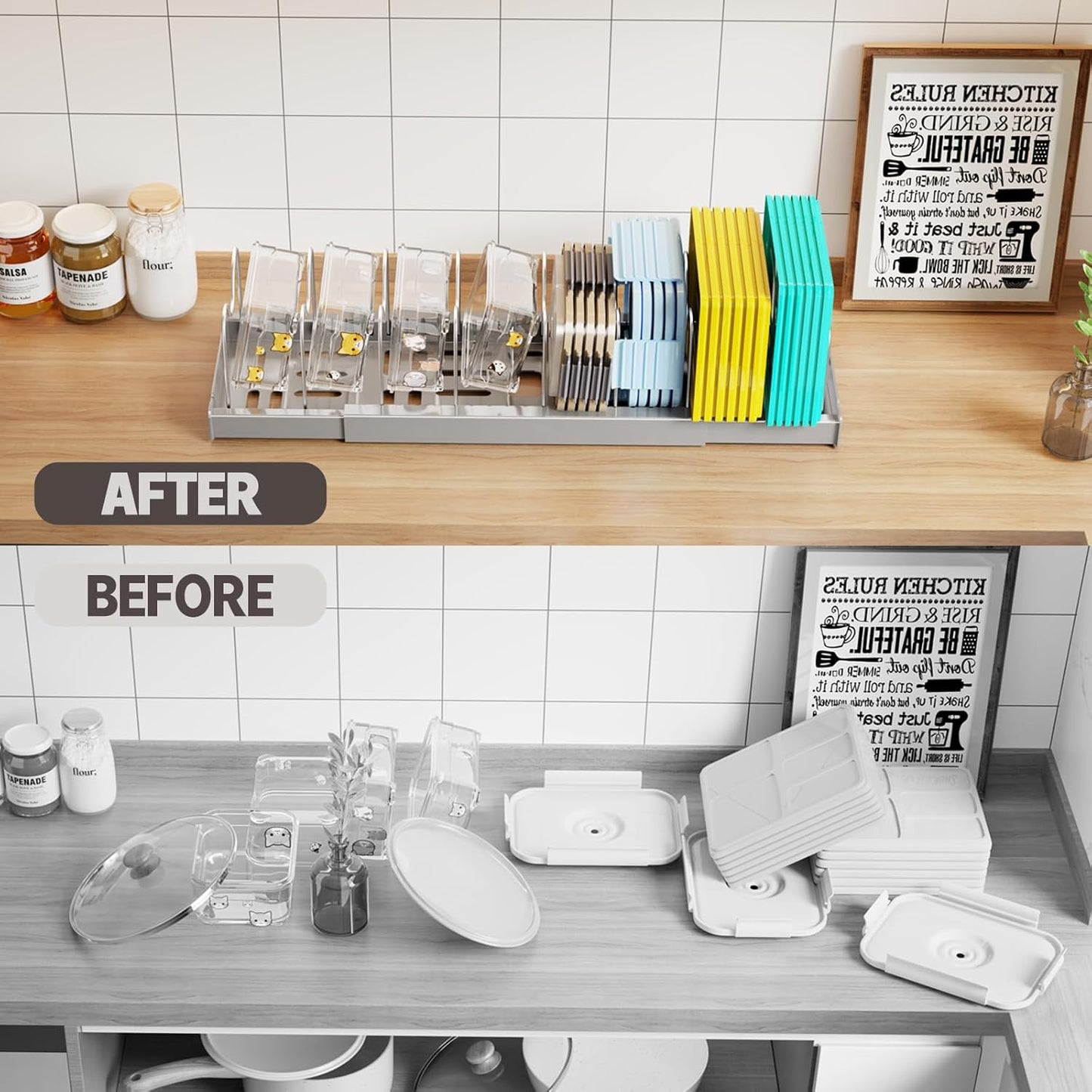 Expandable Food Storage Container Lid Organizers, 22" Pots and Pans Organizer Under Cabinet with 9 Adjustable Dividers Pot and Pan Lid Holders Rack Inside Cabinet(Gray,1 Pack)