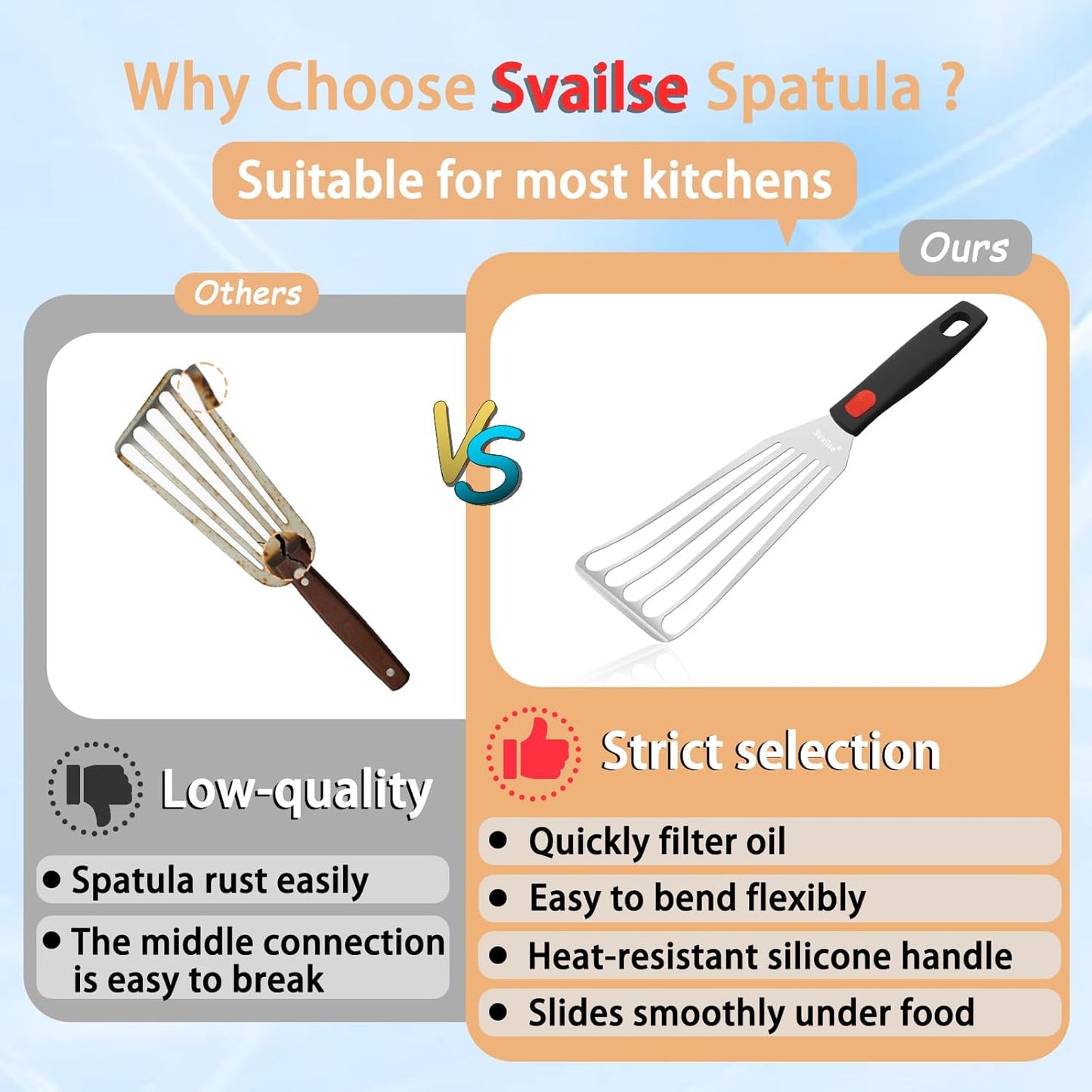 Fish Spatula Stainless Steel, Flexible Metal Spatulas with Silicone Handle, Slotted Turner for Kitchen, Cooking, Grilling, Flipping, Turning, Egg, Pancake and Burger (Small, 10.3 Inch)