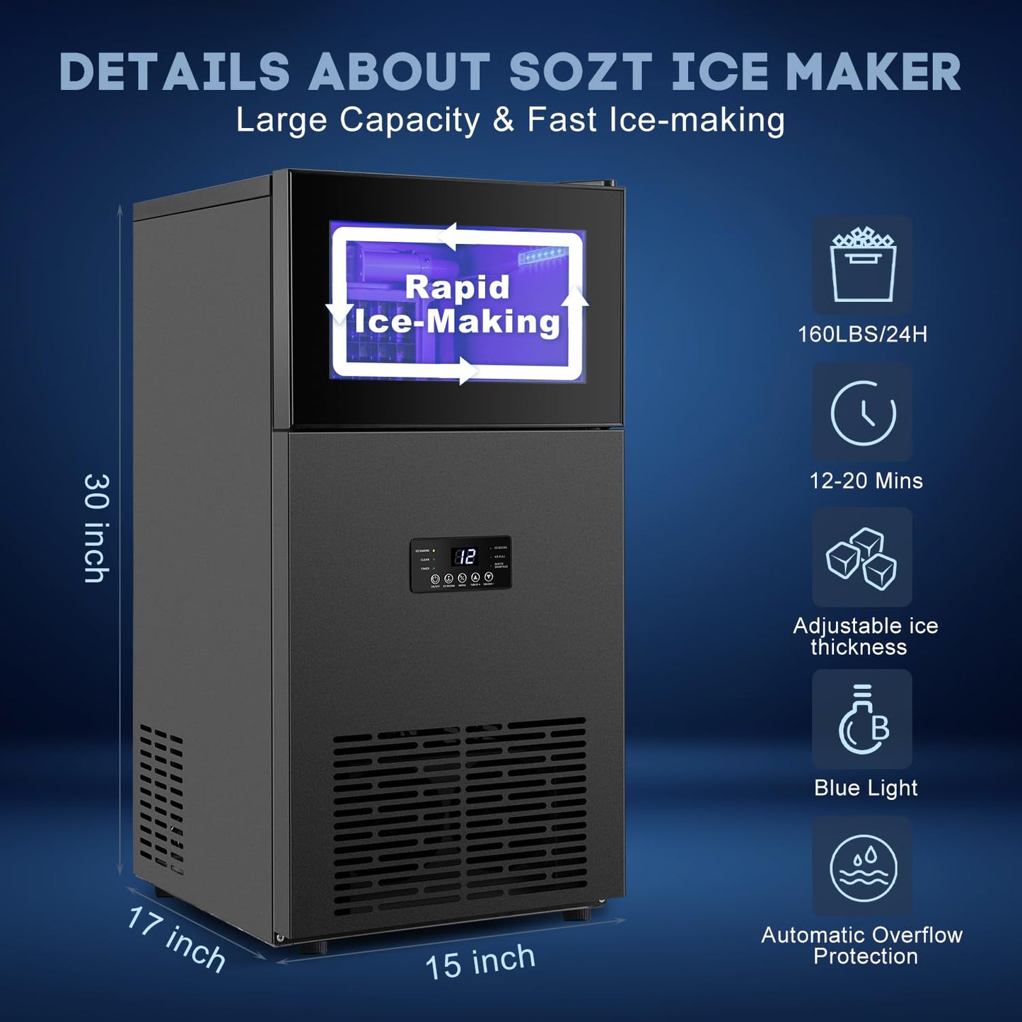Commercial Ice Maker, 160Lbs/24H with 35Lbs Ice Capacity, 63Pcs Clear Ice Cubes per Round in 11-20Mins, 15inch Stainless Steel Under Counter Freestanding Ice Machine Maker for Home Bar Outdoor