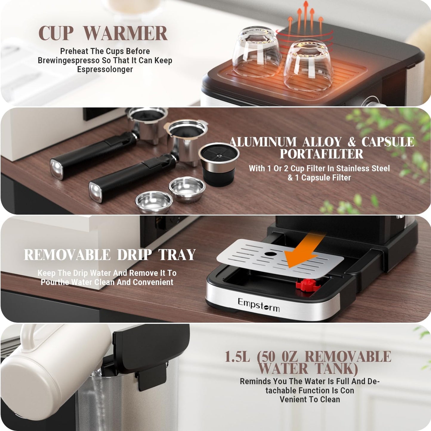 Espresso Machine 20 Bar, 2 in 1 Espresso Maker with Milk Frother Steam Wand for Latte and Cappuccino, Powder and Capsule Portafilter, 50oz Removable Water Tank Coffee Machine for Home-Silver