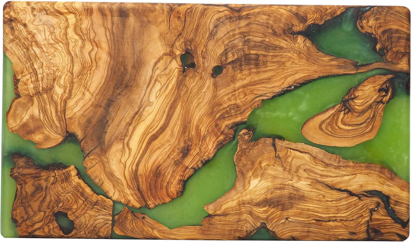 Handmade Epoxy Cutting Board & Charcuterie Board - Decorative, Olive Wood Boards for Serving Cheese, Fruit, Meat - Ideal for Kitchen, Unique Housewarming Gift- Green Resin