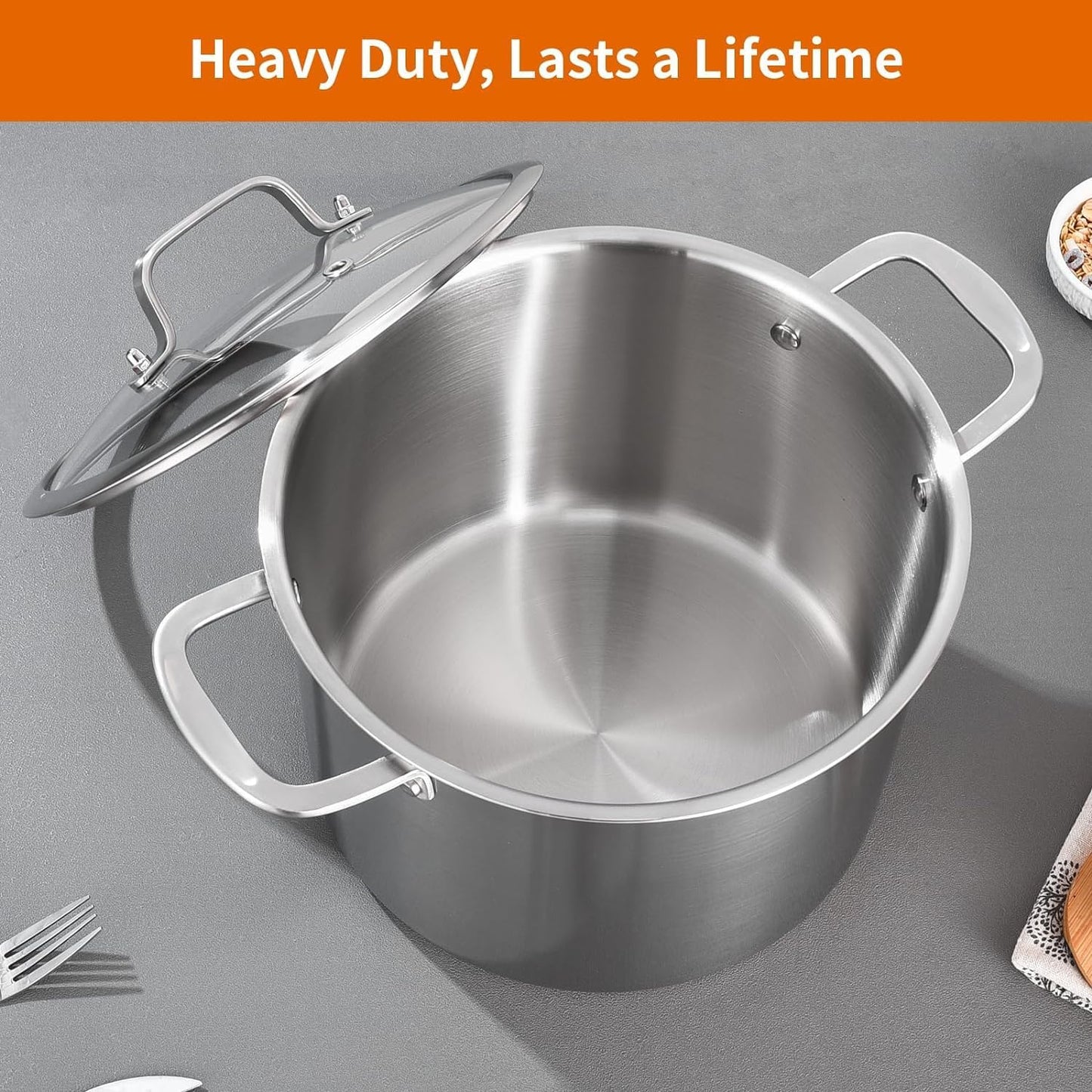 DELARLO Tri-Ply Stainless Steel Soup Pot 12QT, Tri-ply Big Pots for Cooking, 18/10 whole clad Stainless Steel Pot, Fast Even Heat, 12 QT Stock cookware with Lid, Pasta Pot, Induction Ready Up to 600℉
