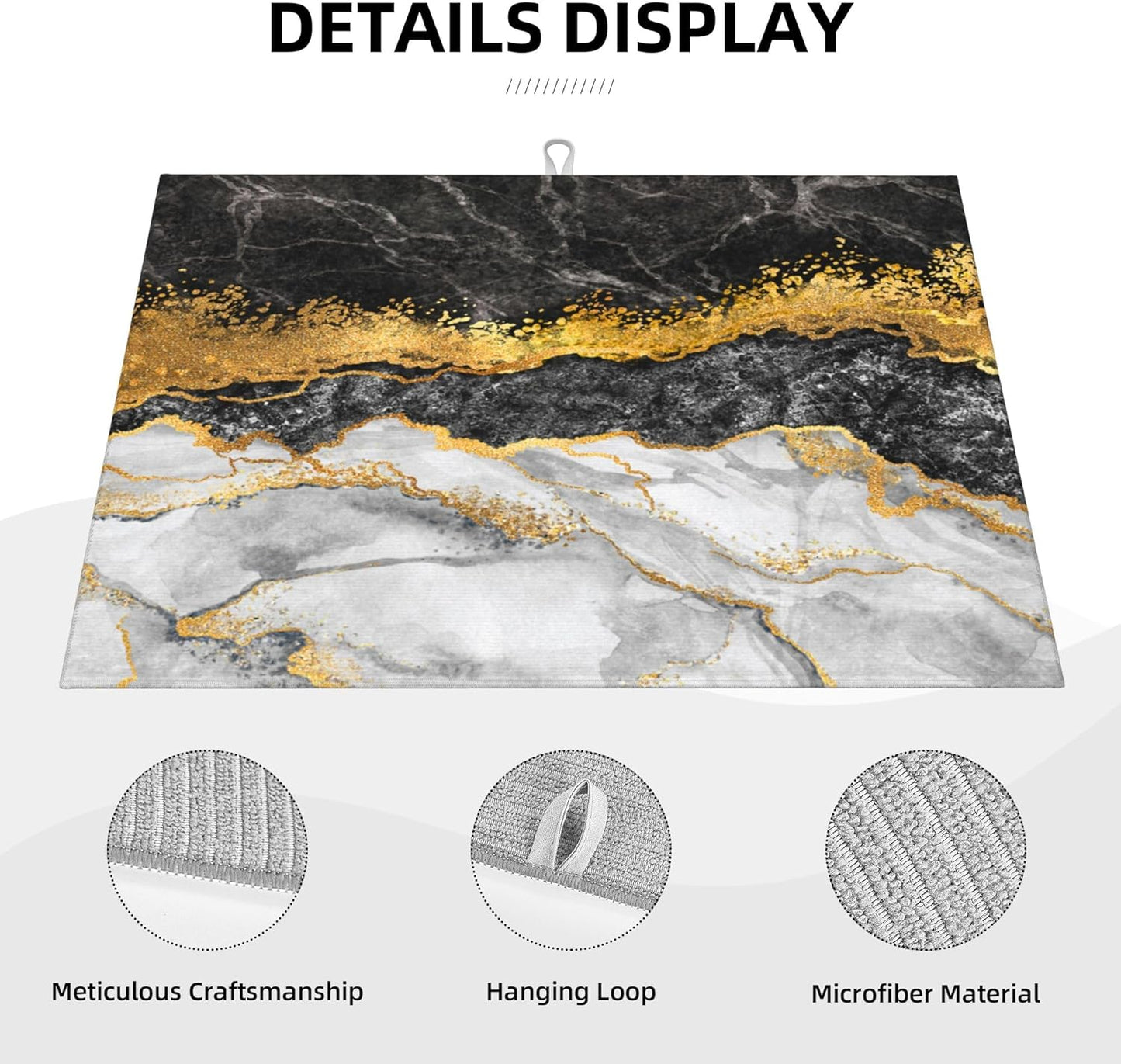 Gold and Black Grey Kitchen Drying Mat Black Gold Marble Decor Microfiber Dish Drainer Mat for Kitchen Counter Absorbent Reusable Washable 18x24 Inch