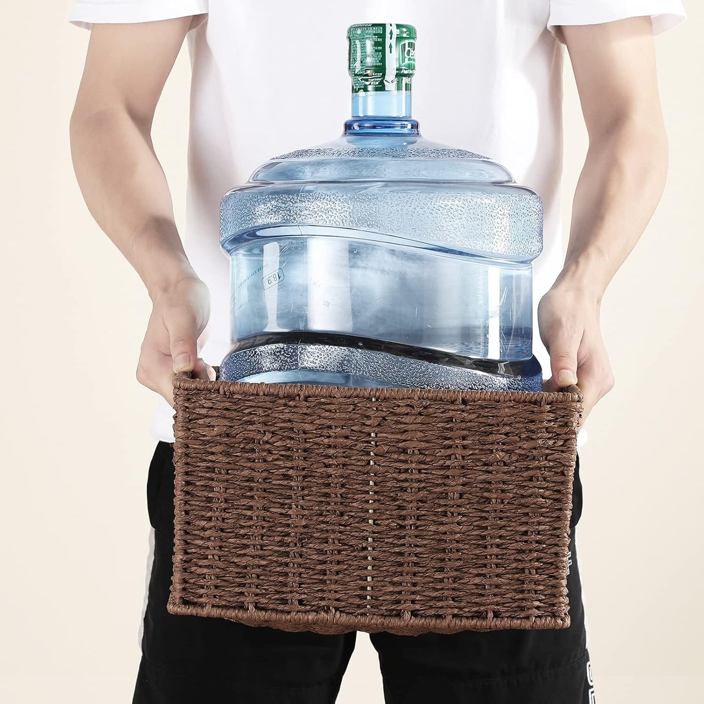 HOONEX Storage Baskets for Organizing, Decorative Round Paper Rope Woven Baskets for Storage with Carrying Handles, Set of 2, Dark Brown