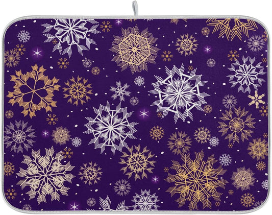 Christmas Purple Gold Snowflakes Dish Drying Mat for Kitchen Counter Absorbent Microfiber Drying Pad, Large 18x24 in, Reversible Drainer Mats