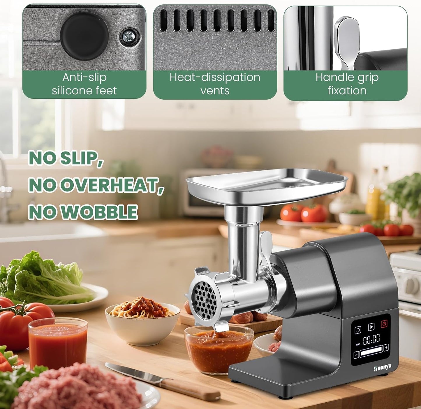 Huanyu Electric Meat Grinder 2000W Max Power Heavy Duty with Touchscreen, 2 Blades, 3 Plates, Sausage Tubes and Kubbe Kit #10 Outlet for Home Use