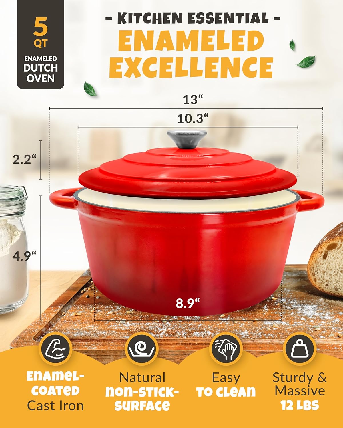 Dutch Oven for Bread Baking - incl. Sourdough Bread-Baking Supplies like Banneton Bread-Proofing Basket - 5QT Enameled Cast Iron Bread-Oven with Lid, Bread-Pan Sour Dough Starter Kit