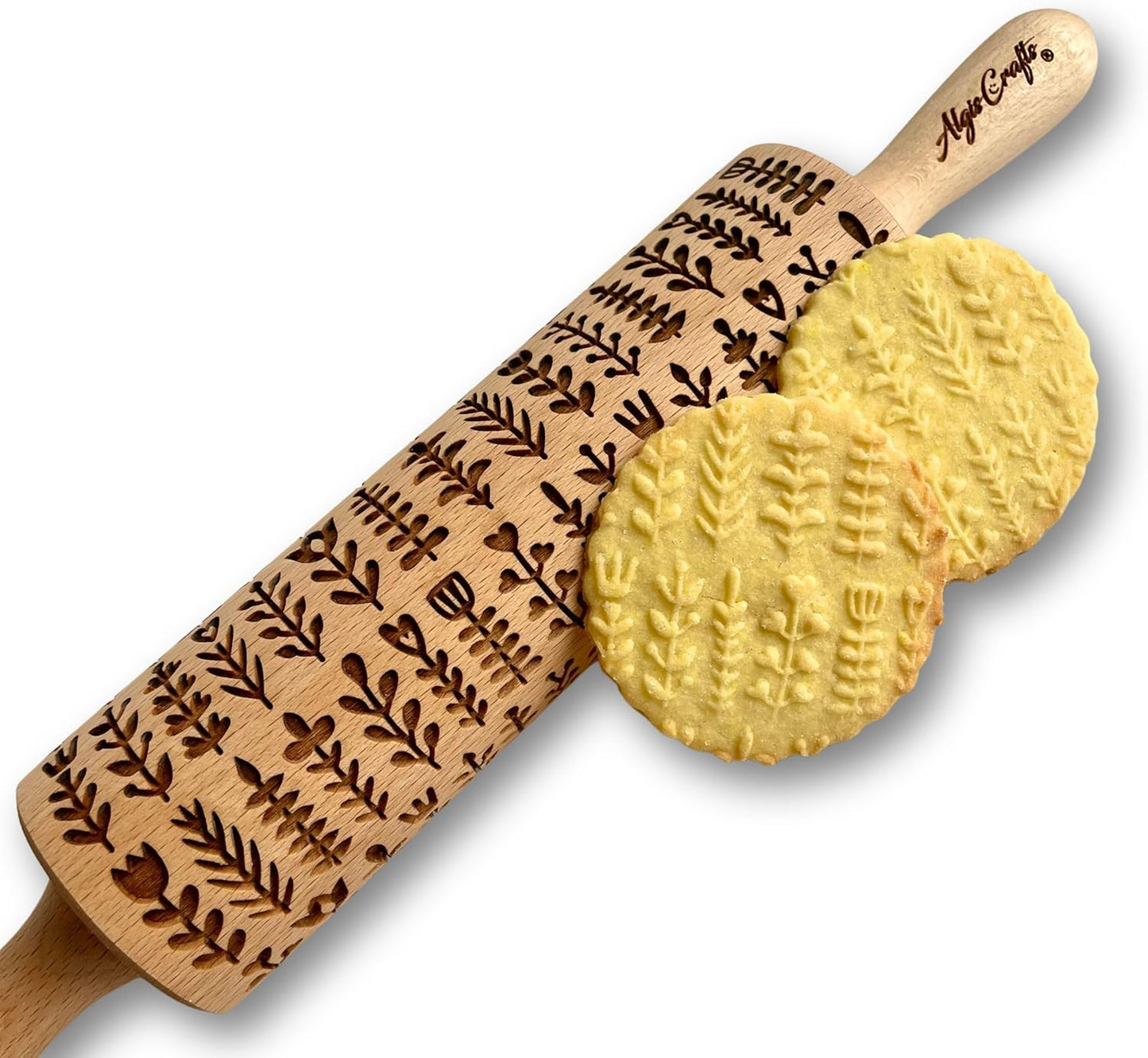 HERBS Embossing rolling pin. Leafy green and flowering plants on embossed dough roller