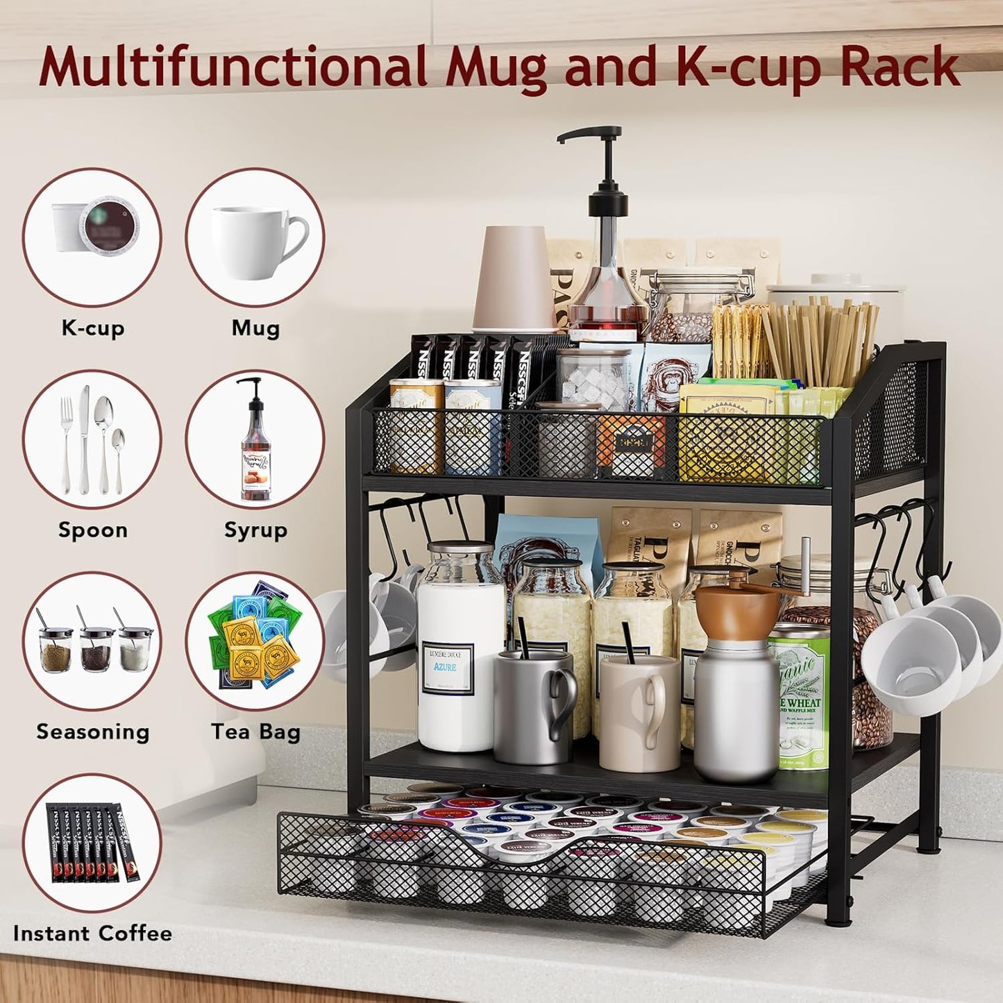 Coffee Bar Organizer - Countertop Coffee Station, 42 K Cup holder Storage Basket with Drawer and Hooks for Syrup, Cups, Stirrer, Condiment, Tea Organizer, Black