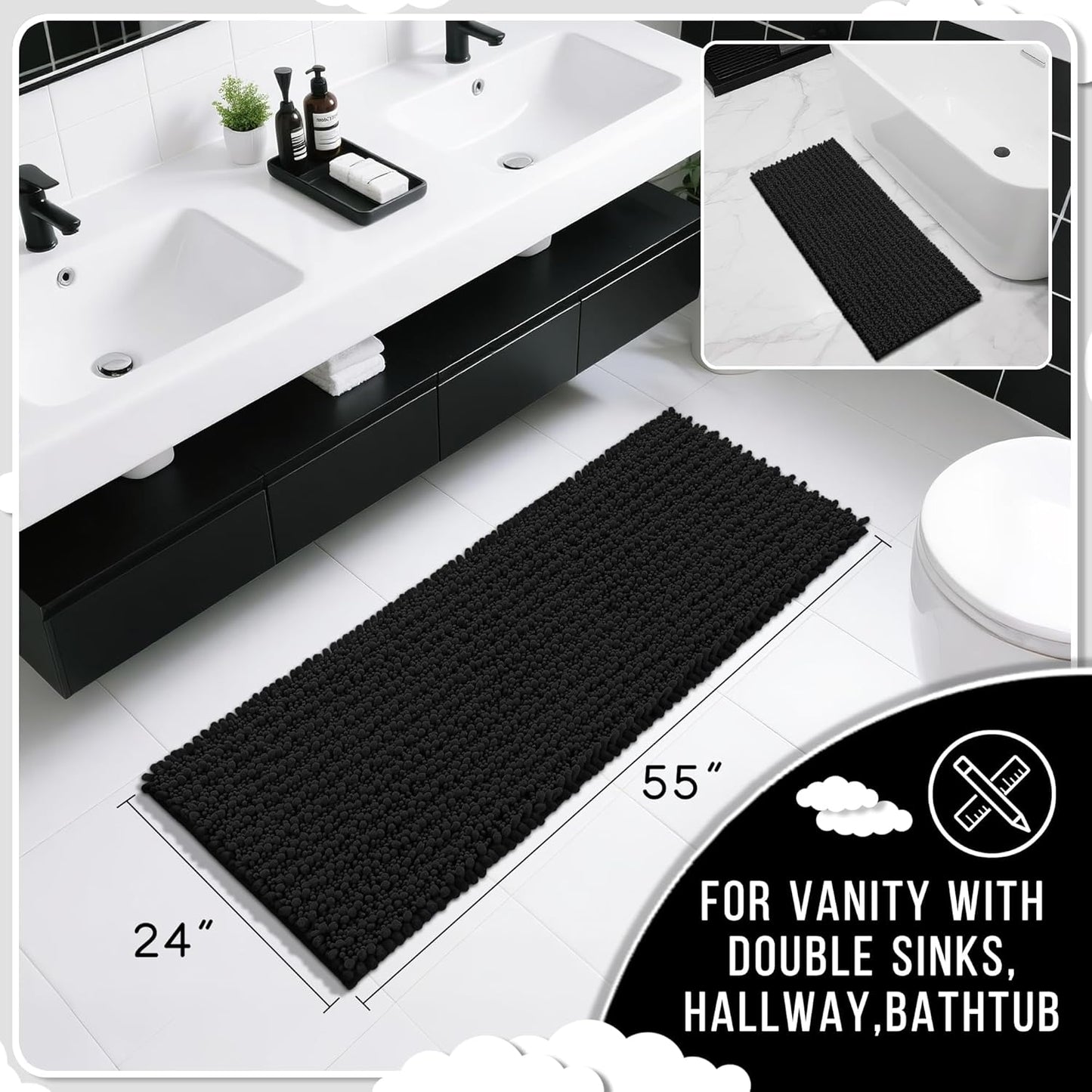 Yimobra Bathroom Runner Rug 55x24 Inch - Extra Long Non Slip Chenille Bath Mat, Soft & Absorbent, Machine Washable Shaggy Hallway Carpet for Vanity Tub Shower, Black Home Decor Accessories