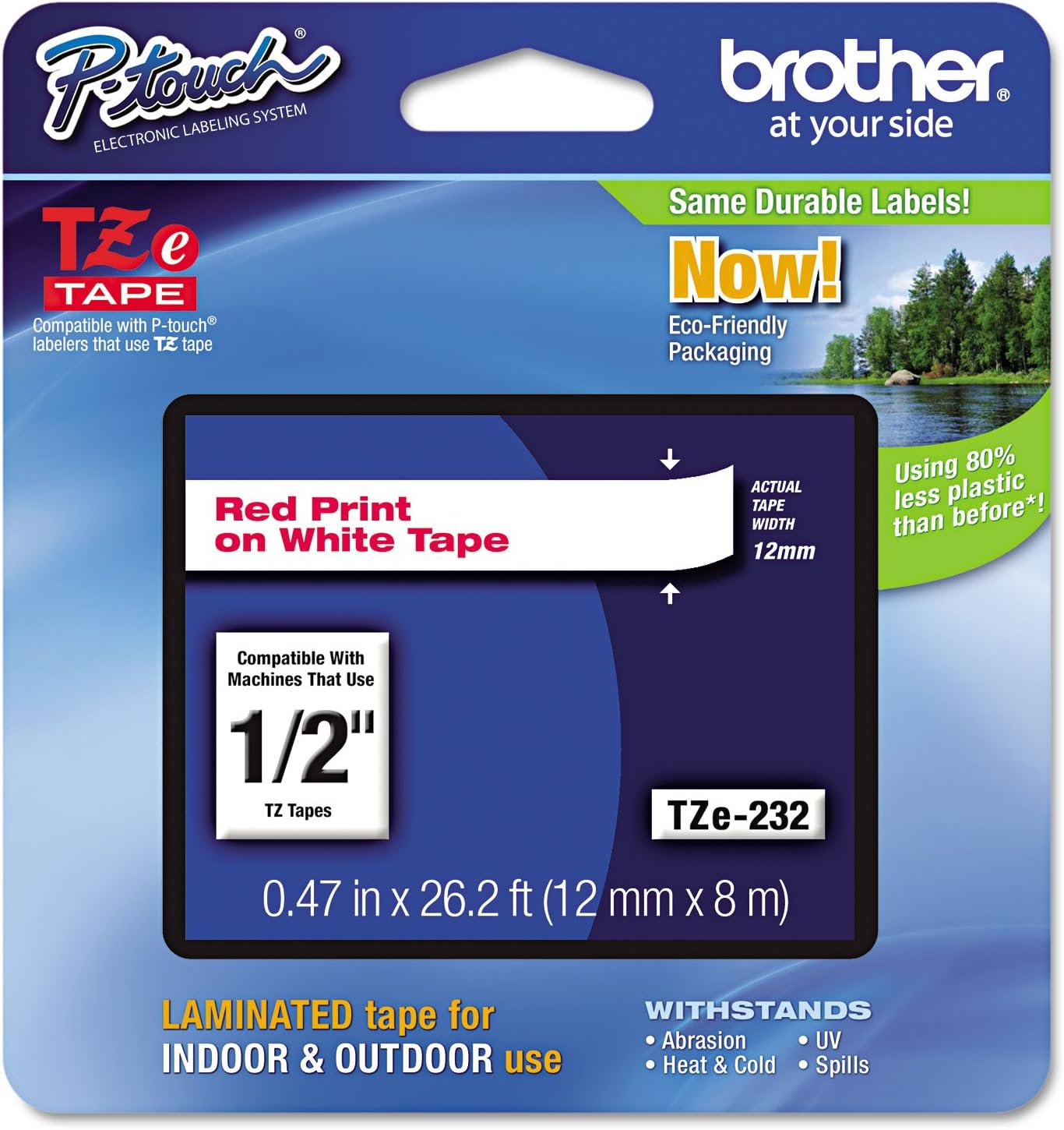 Brother Genuine P-Touch TZE-232 Tape, 1/2" (0.47 mm) Standard Laminated P-Touch Tape, Red on White Laminated for Indoor or Outdoor Use, Water-Resistant 26.2 ft (8m), Single-Pack
