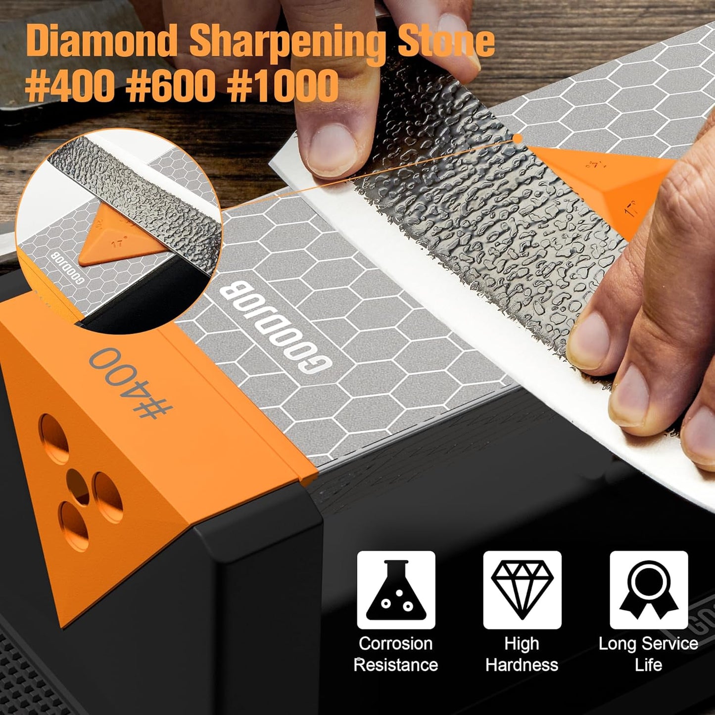 Extra Large Diamond Sharpening Stone Set 3 Side Grit 400/600/1000 Premium Industrial Diamond Knife Sharpener Suitable for Steel of any Hardness with Angle Guide and Non-Slip Base (GB-3DL)