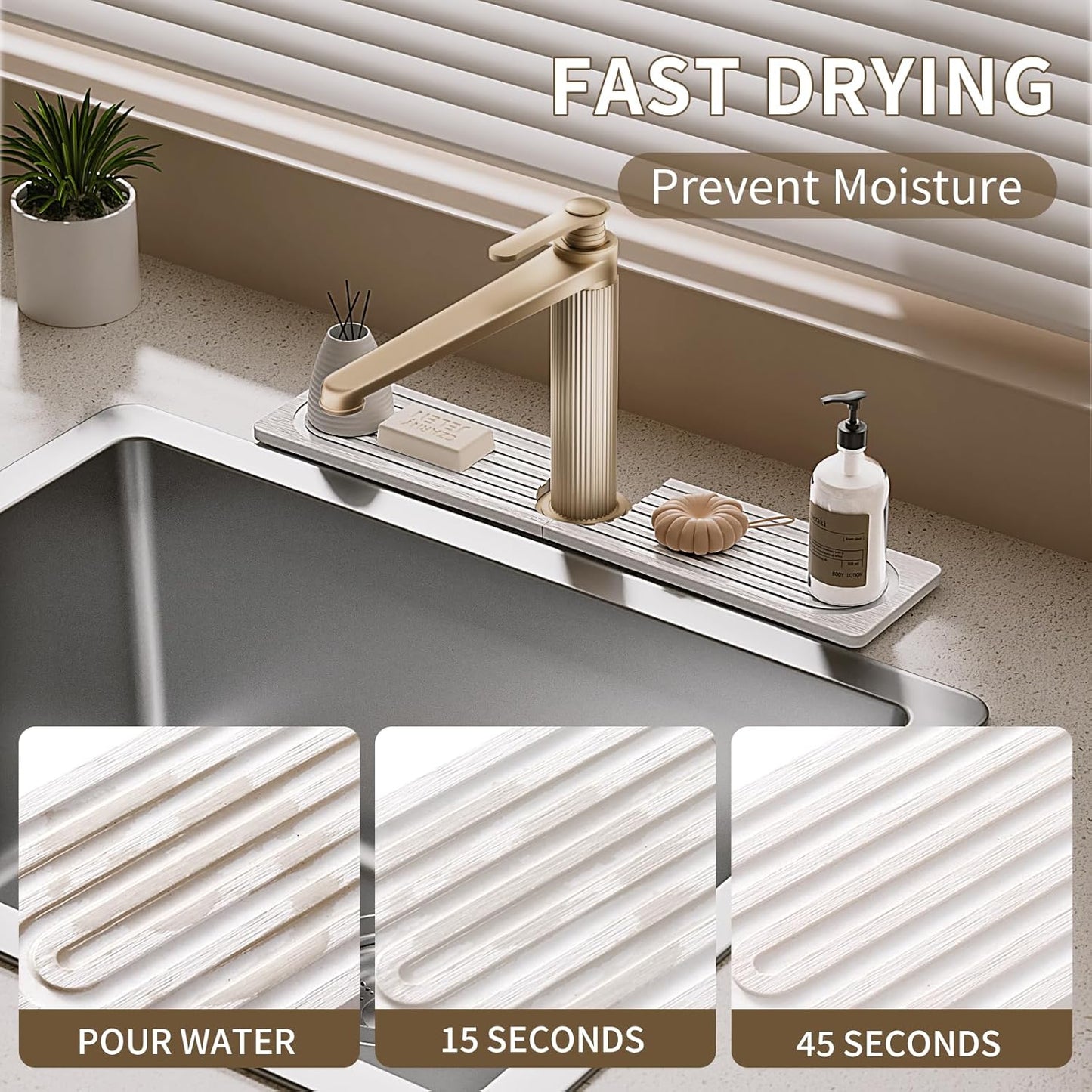 Faucet Mat for Kitchen Sink, Diatomite Stone Drying Sink Protectors, Bathroom Faucet Splash Guard, Quick Dry Water Absorbing, Non-Slip Stone Tray for Kitchen Counter, White, 15.7" x 3.9"