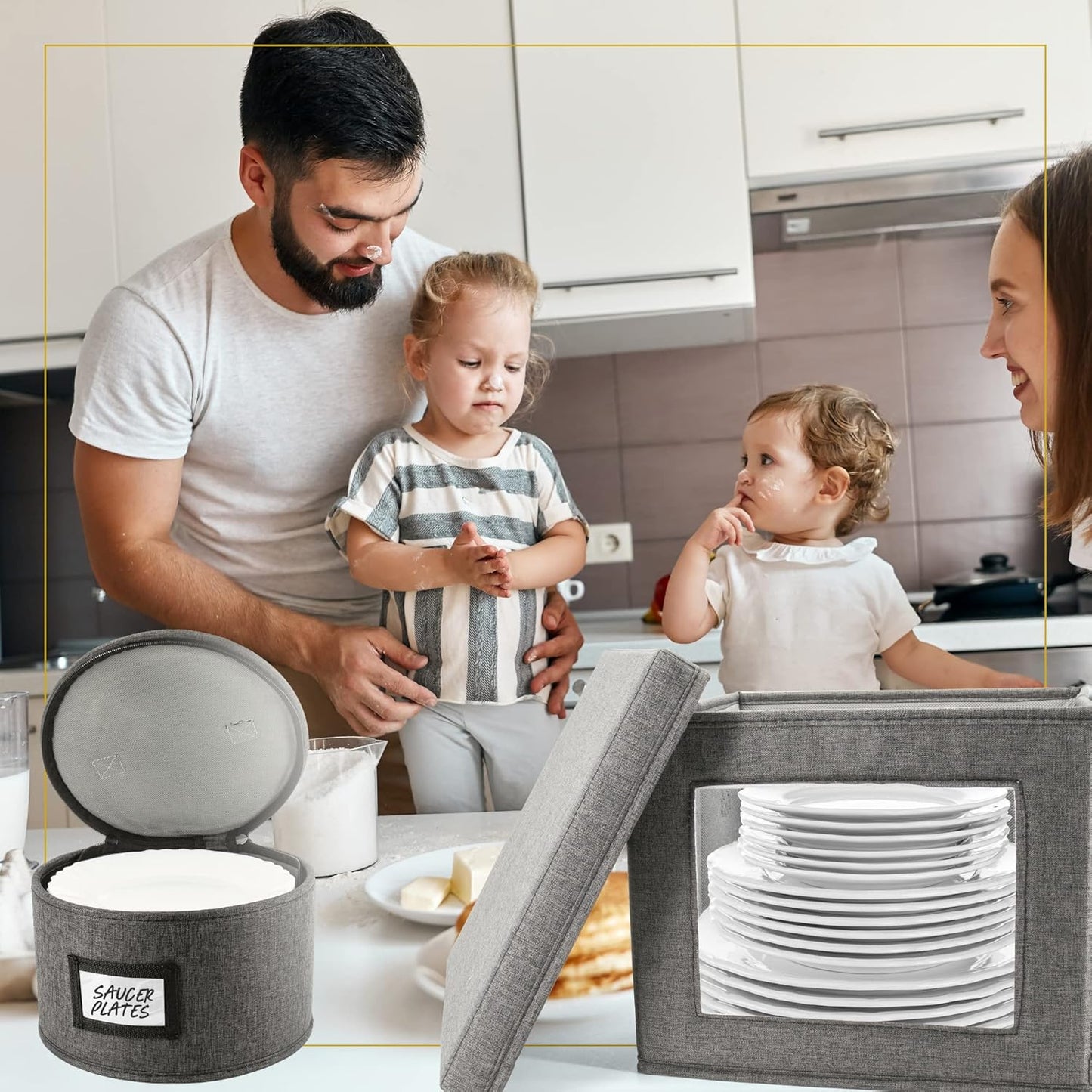 HOMELUX THEORY Hard Shell China Storage Containers for Dishes, 2pcs 10"x8" Plate Storage, Square Storage Containers with Lid, Heavy Duty Fine China Dish and Dinnerware Storage with 30 Felt Pads