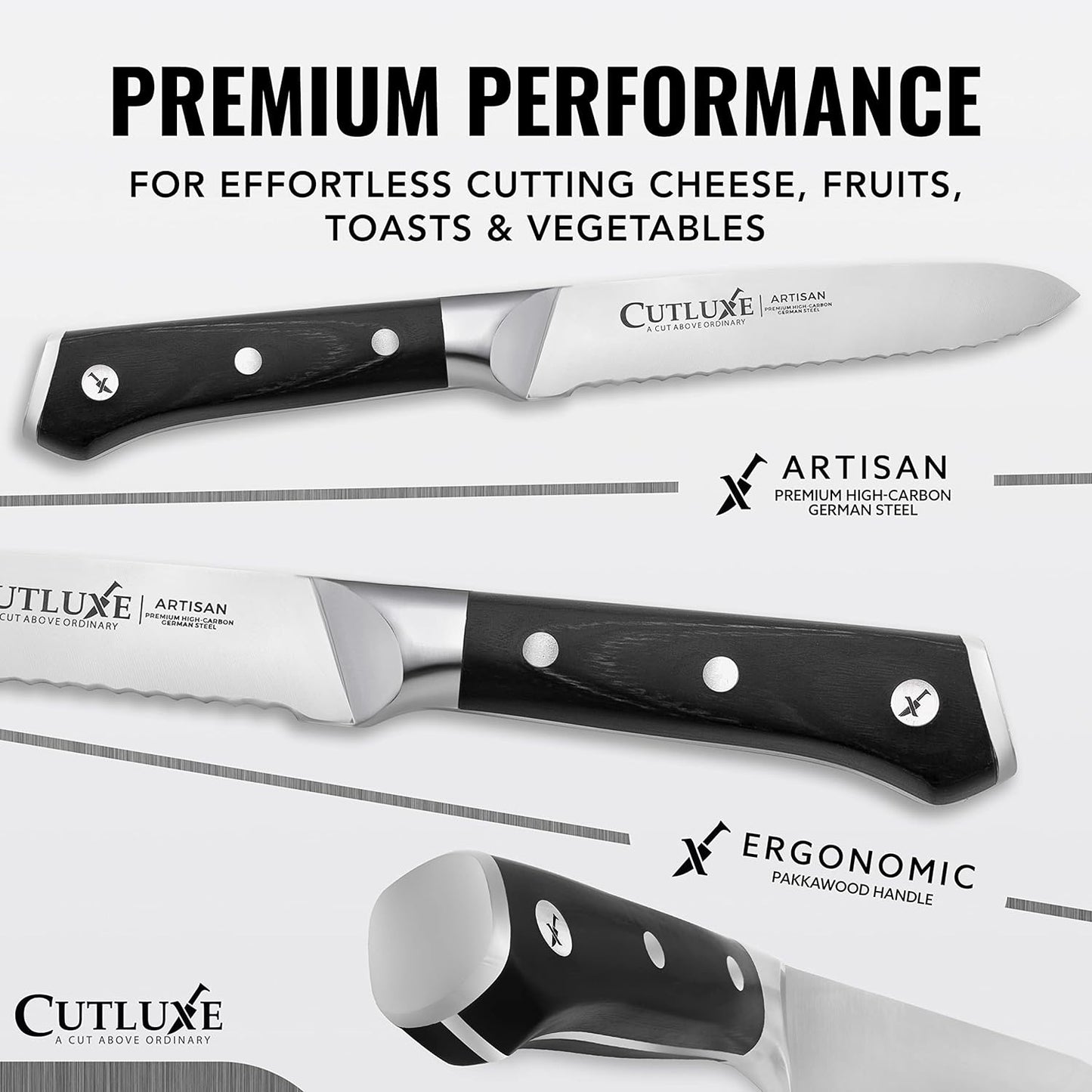 Cutluxe Kitchen Utility Knife – 5" Serrated Ultra Sharp Blade, Ergonomic Handle, Full Tang – Forged High Carbon German Steel – Artisan Series