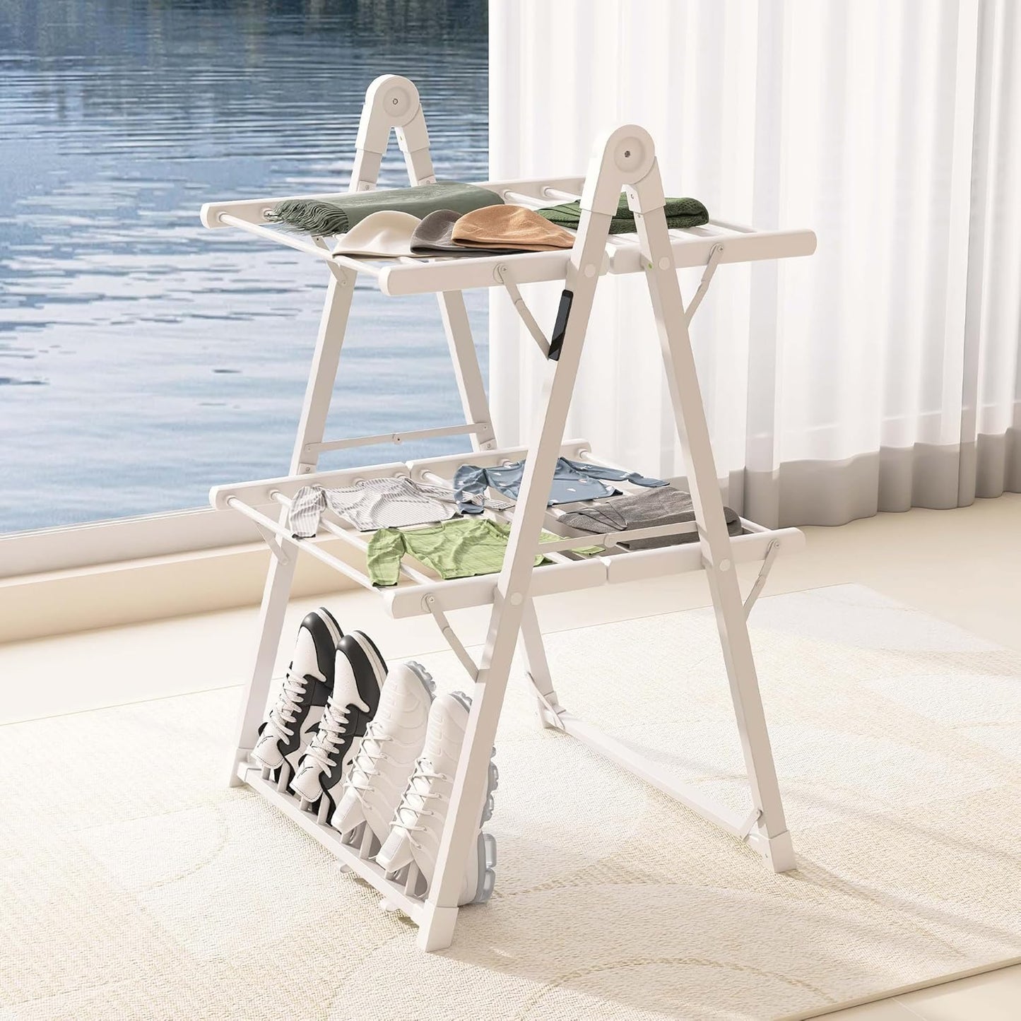 Electric Heated Clothes Drying Rack,Foldable Heated Garment Dryer with Timer Shut-Off Laundry Rack for Clothes Shoes Socks,Aluminum Alloy,White,Plug & Play,(39.37x25.98x23.82in)