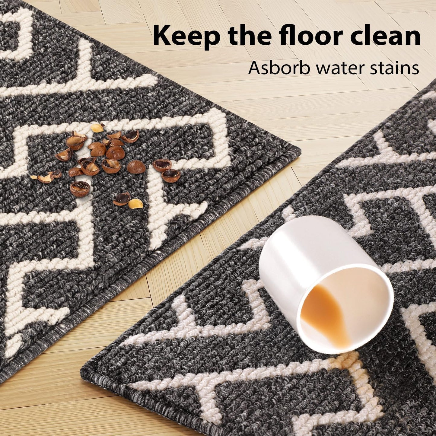 hicorfe Kitchen Rugs and Mats Sets,Non-Slip 2 Pieces Absorbent 100% Polypropylene Rug,Comfort Kitchen Runner Mat,Washable for Kitchen,Sink,Laundry(20" x 31.5" Plus 20" x 48",Black)