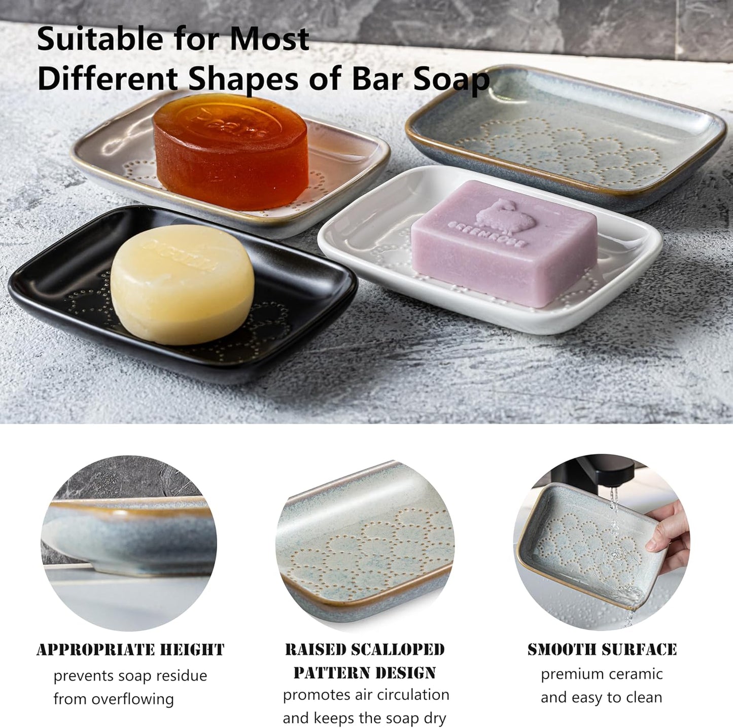 Gomakren Soap Dish for Shower, Ceramic Soap Dishes for Bar Soap Sponge, Shower Soap Holder Saver Tray for Bathroom Kitchen Sink, Easy to Clean, Gray