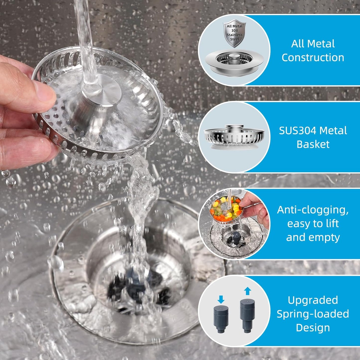 Hibbent All Metal Stainless Steel 3 in 1 Kitchen Sink Drain Strainer, Upgraded Anti-Rust Sink Stop Combo, 3 Anti-Clogging Stainless Steel Baskets with Metal Handle for US Standard 3-1/2" Drain