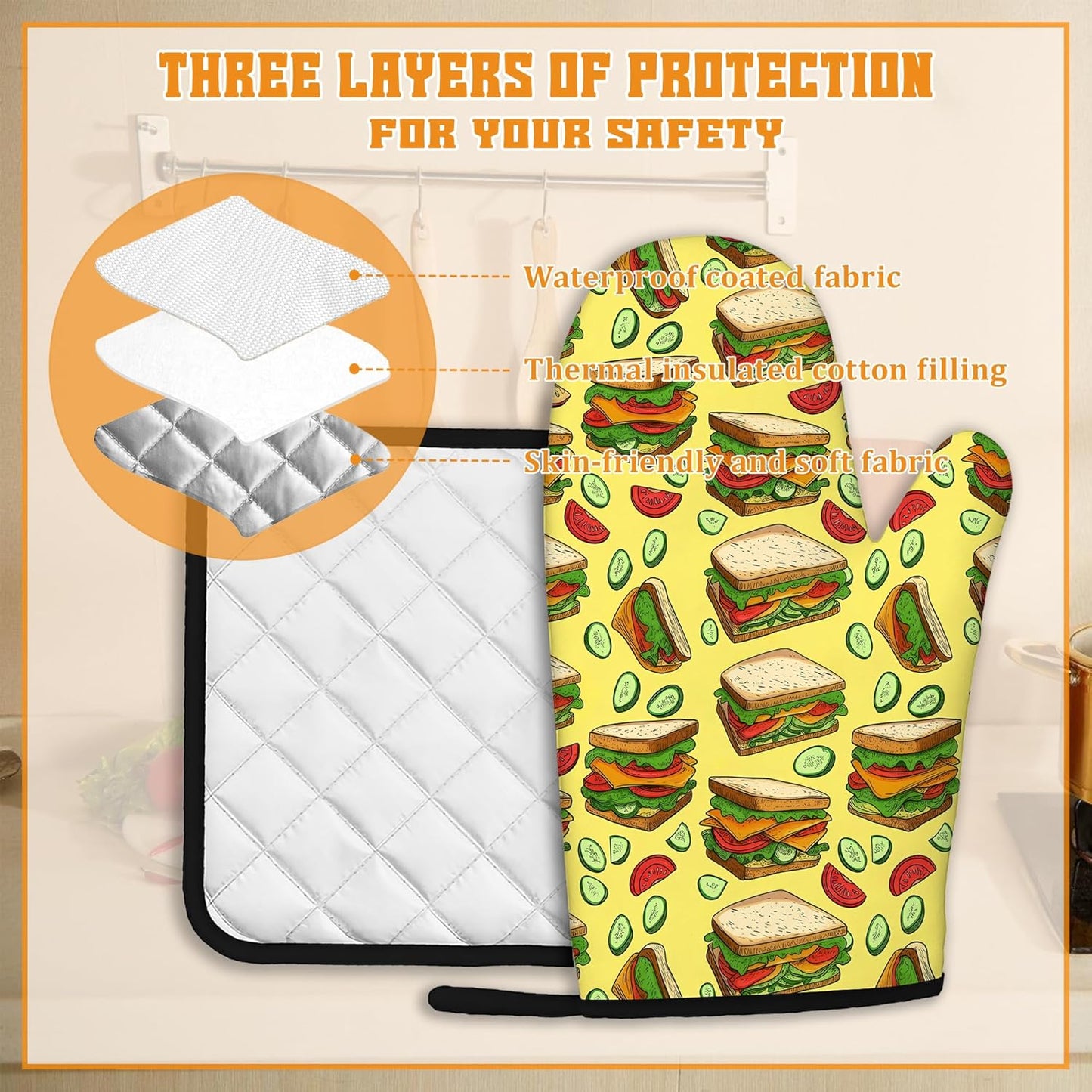 Cute Sandwich Oven Mitts and Pot Holders,Heat Resistant Oven Mitts Gloves and Pot Holder for Home Kitchen Decorations Cooking Baking BBQ Gifts,Set of 4