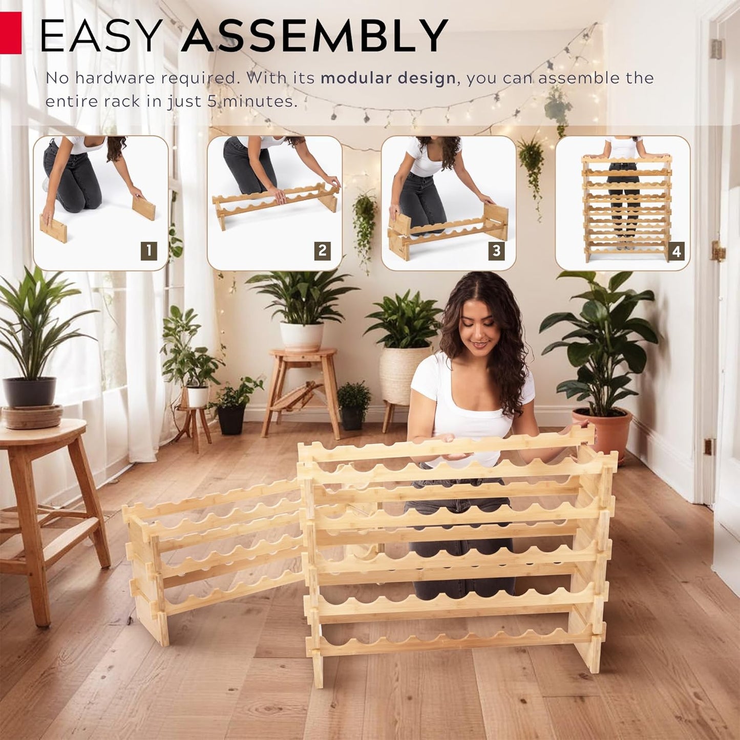 DECOMIL - 72 Bottle Stackable Modular Wine Rack Wine Storage Rack Solid Bamboo Wine Holder Display Shelves, Wobble-Free (Eight-Tier, 72 Bottle Capacity)