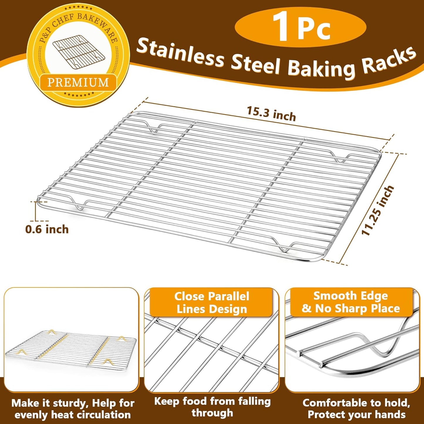 P&P CHEF 16 Inch Baking Sheet Pan with Rack Set, Stainless Steel Cookie Sheet Pan Tray with Cooling Rack for Oven Use, Cooking Roasting, Non Toxic & Dishwasher Safe, Heavy Duty